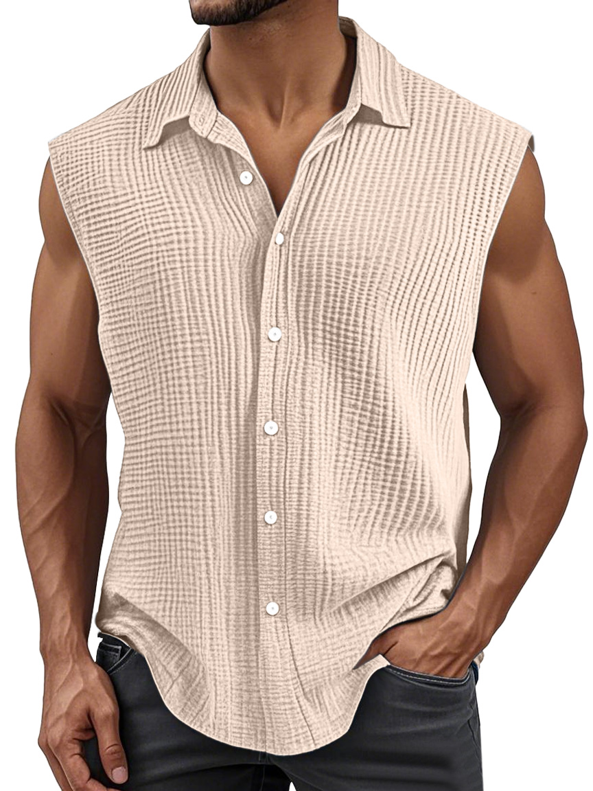 Men's Simple Solid Color Pleated Lapel Sleeveless Shirt