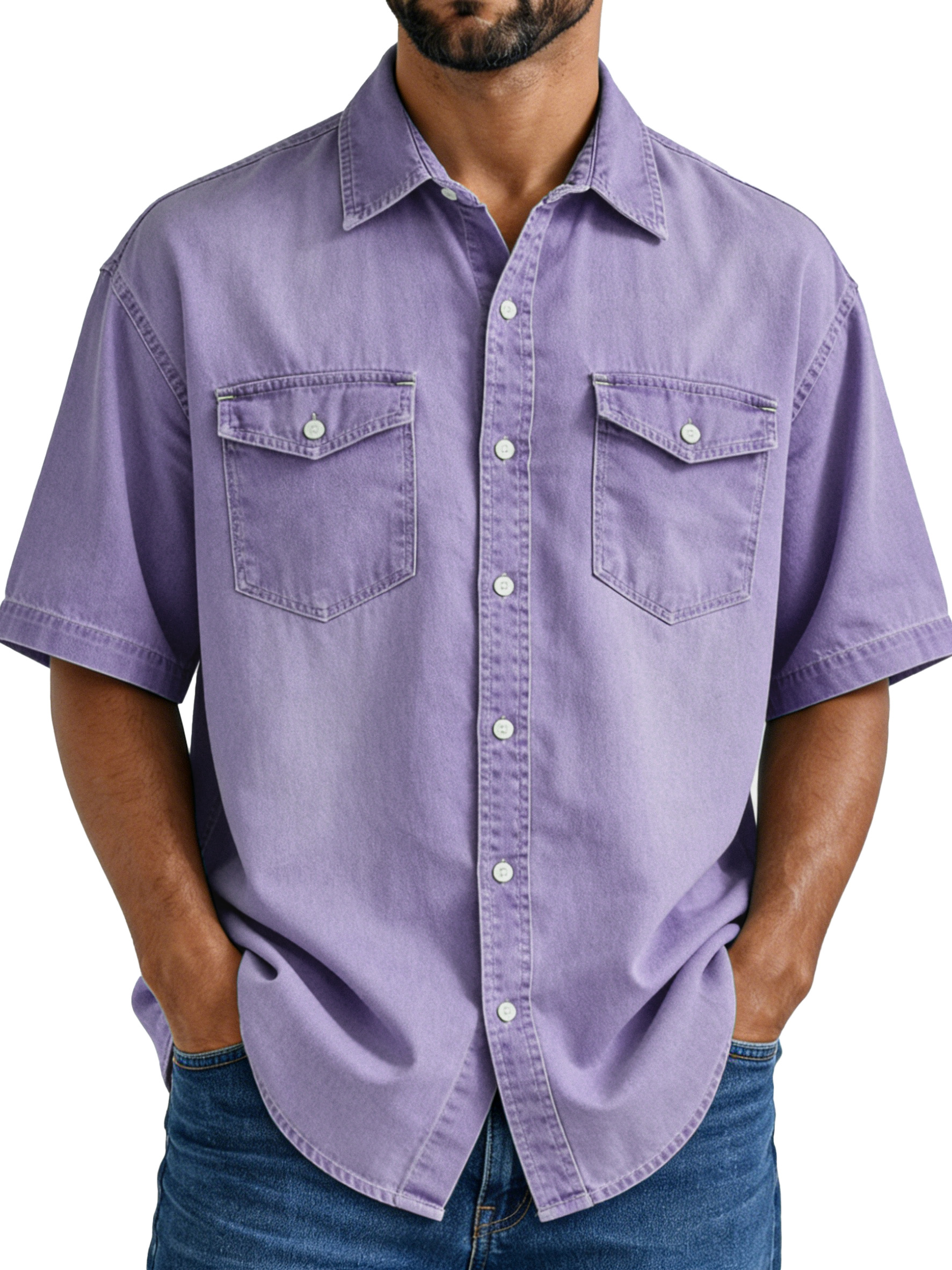 Men's Simple Vintage Double-pocket Lapel Button-down Short-sleeved Shirt