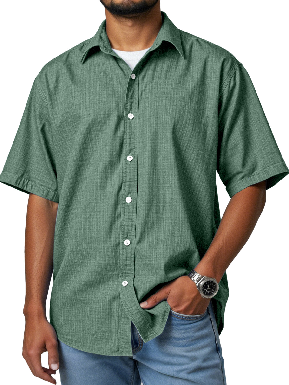 Men's casual and versatile imitation linen short-sleeved lapel shirt