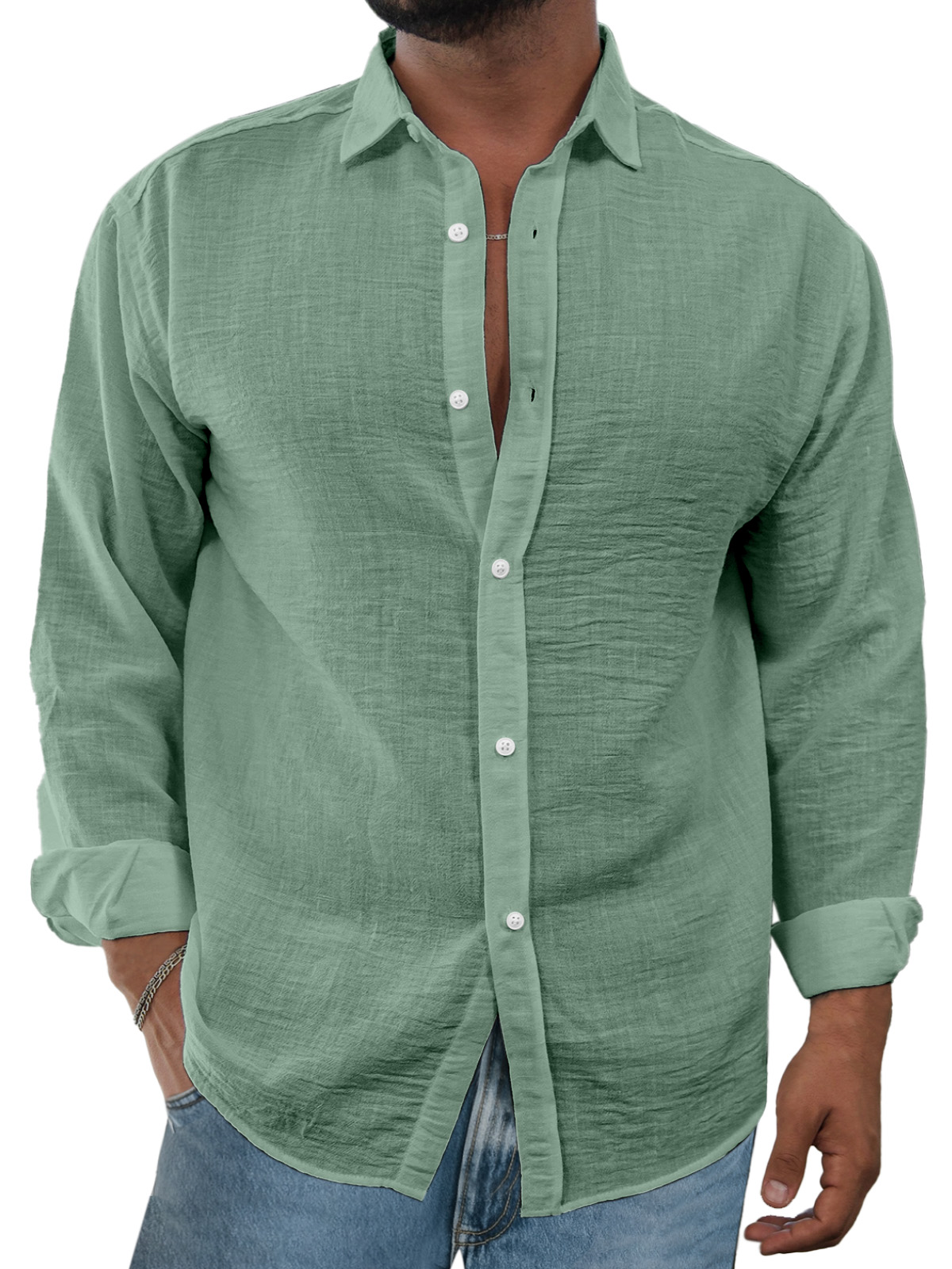 Men's Simple And Comfortable Solid Color Imitation Linen Lapel Long-sleeved Shirt