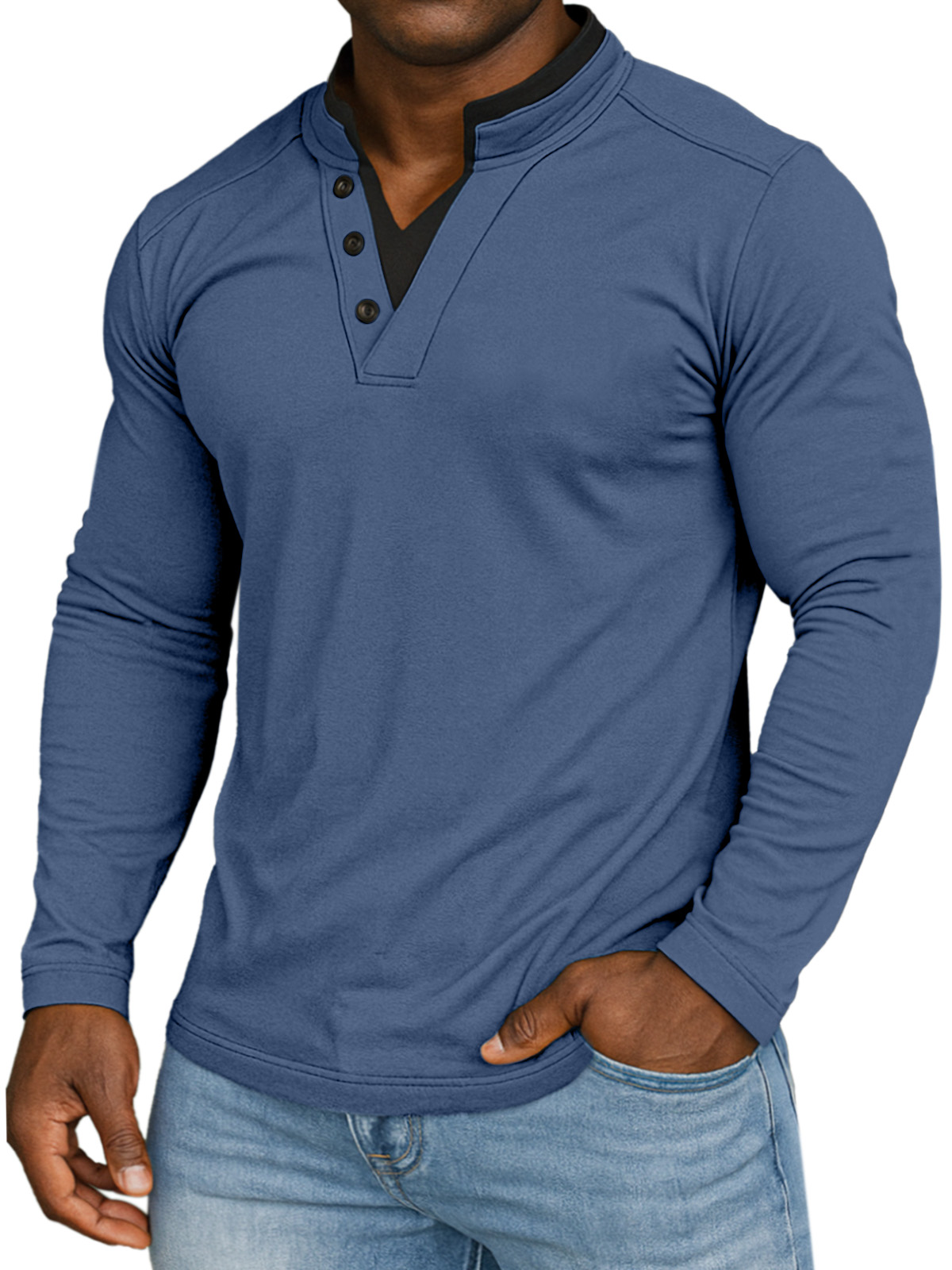 Men's Casual Solid Color Fake Two-piece Collar Comfortable Stand Collar Long Sleeve T-shirt