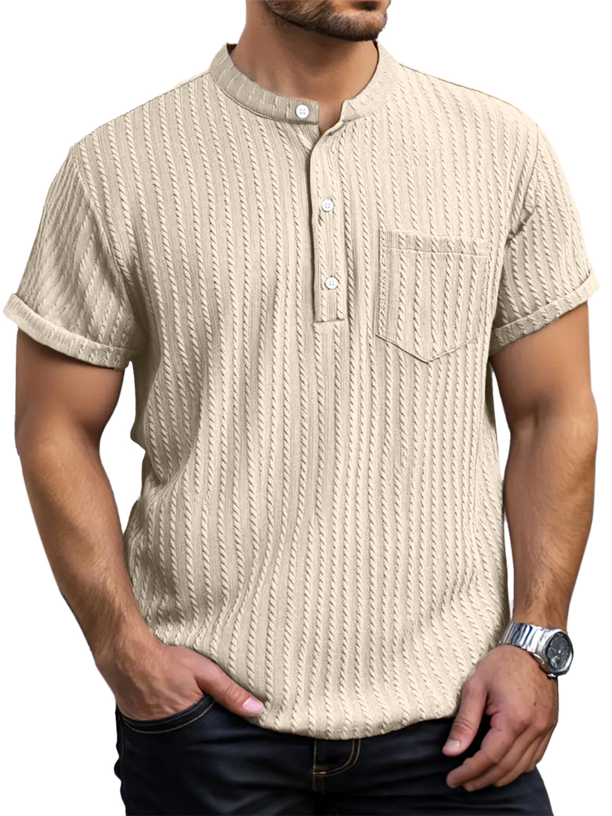 Men's Everyday Casual Short Sleeve Textured Button Henley Shirt