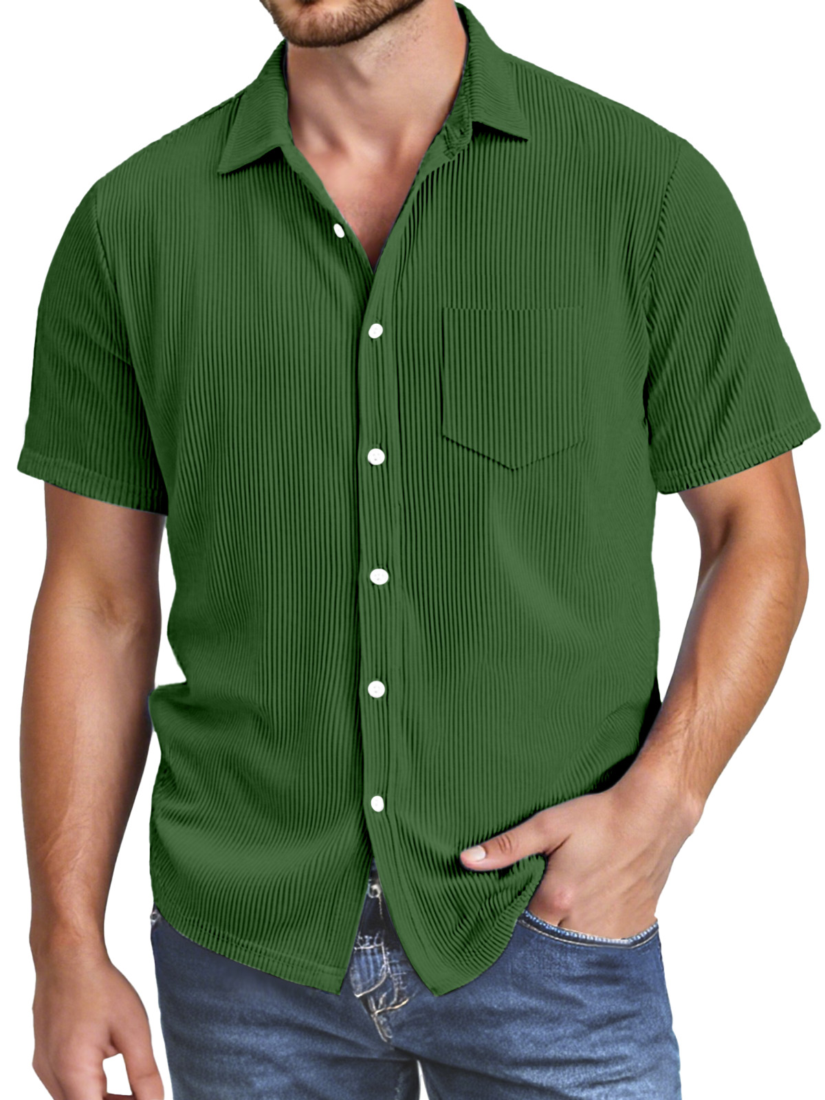 Men's Simple Solid Color Vertical Pit Texture Button Lapel Short-sleeved Shirt