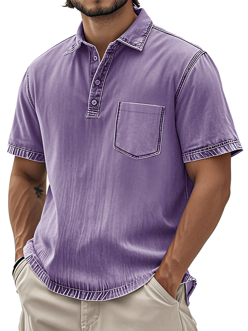 Men's Fashion Retro Washed Cotton Lapel Pocket Polo Shirt
