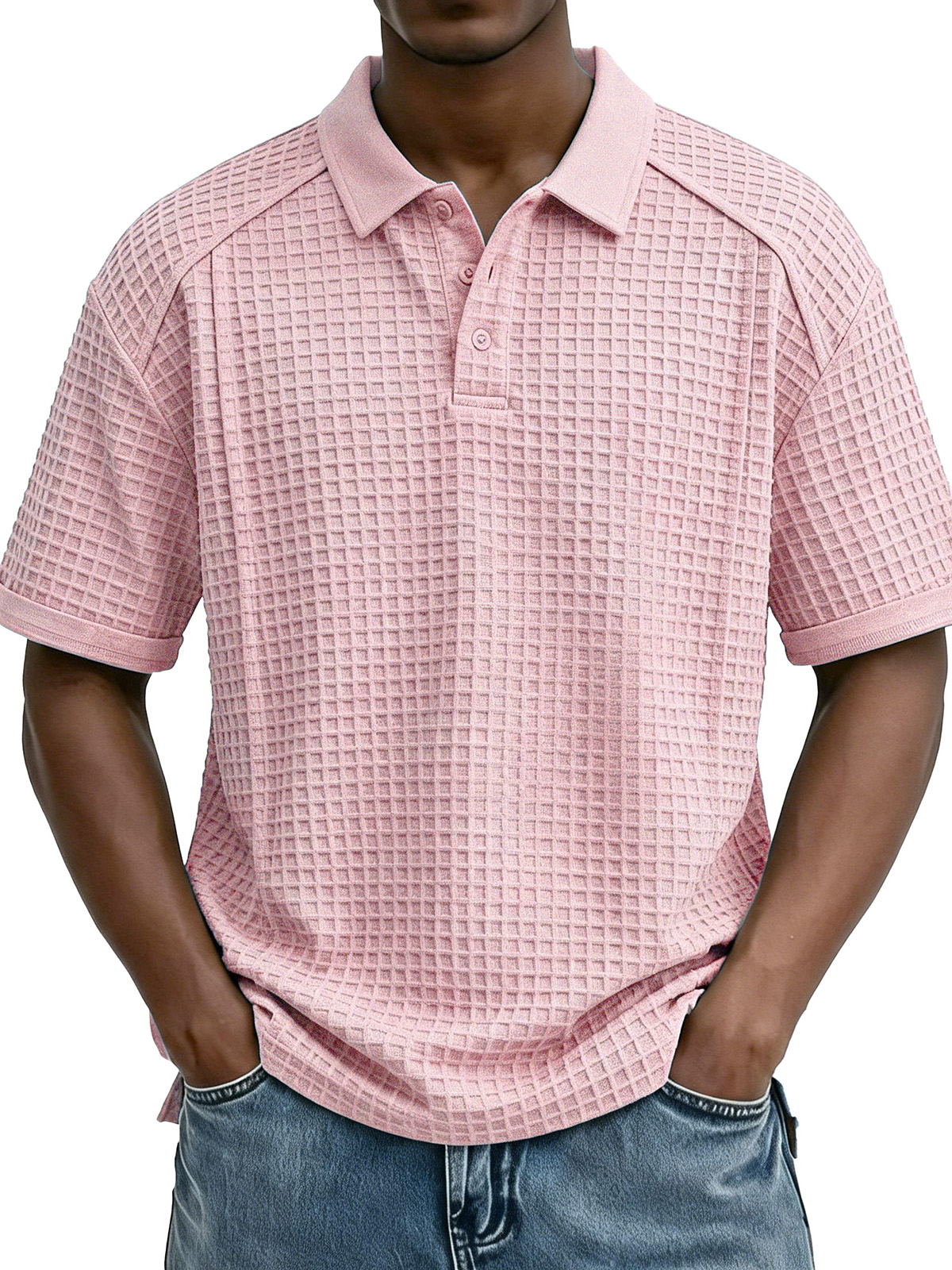Men's Fashion Retro Waffle Fabric Collared Short-Sleeve Polo Shirt