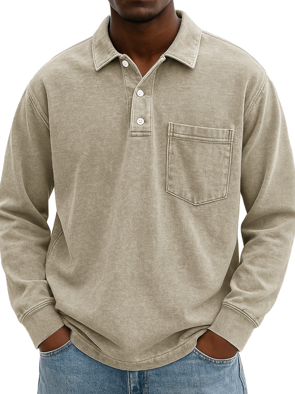 Men's Stylish Vintage Distressed Pocket Lapel Long-sleeved Polo Shirt