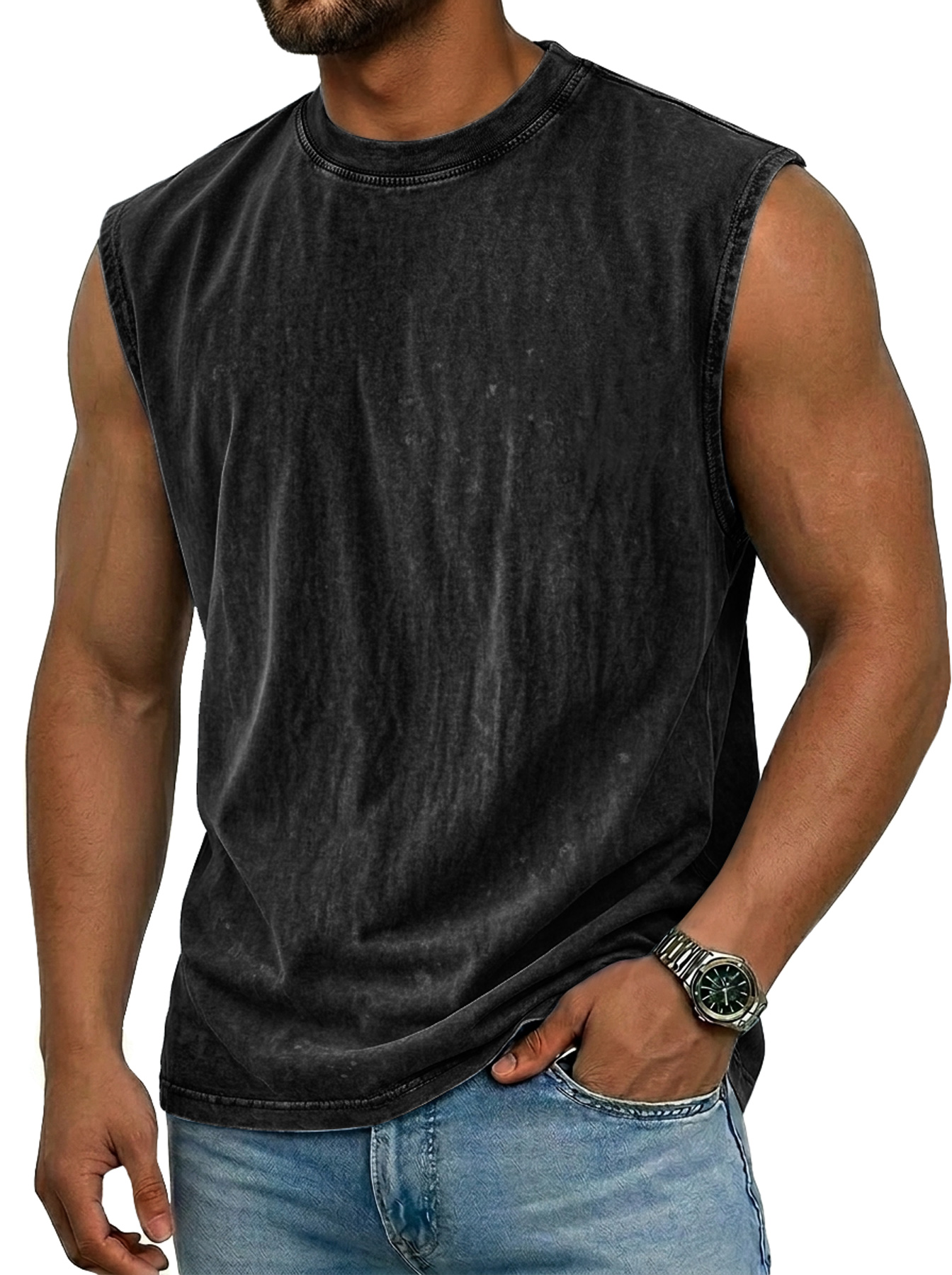 Men's 100% Washed Distressed Crew Neck Casual Sleeveless Vest