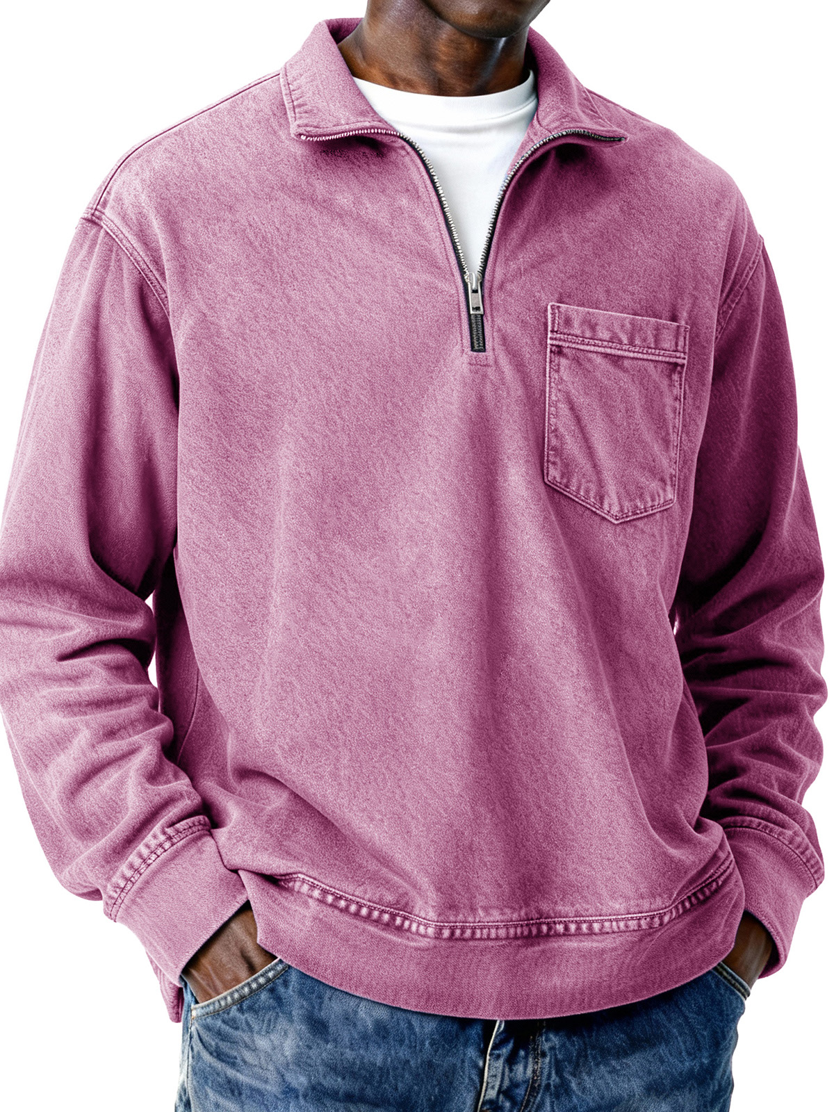 Men's Retro Distressed Zipper Loose Long-Sleeve Polo Shirt