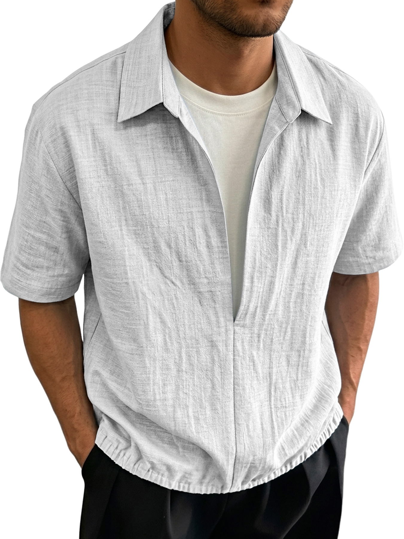 Men's Linen-style Collared Faux Two-piece Casual Comfortable Short-sleeved Polo Shirt
