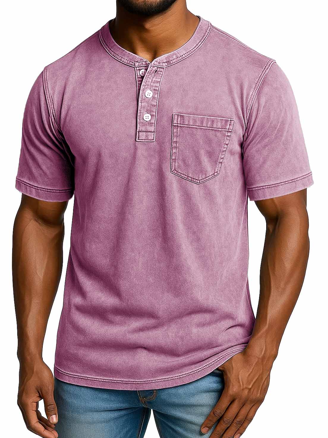 Men's Fashion Retro Distressed Short-sleeved Pocket Henley Shirt