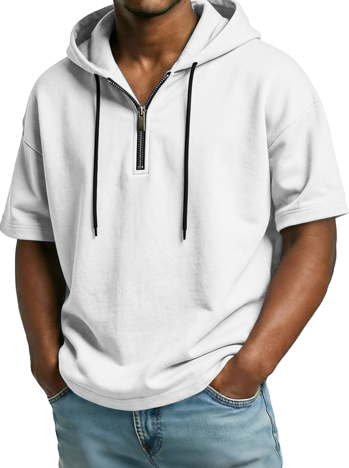 Men's Comfortable Hooded Zip-up Short-sleeved Casual Top