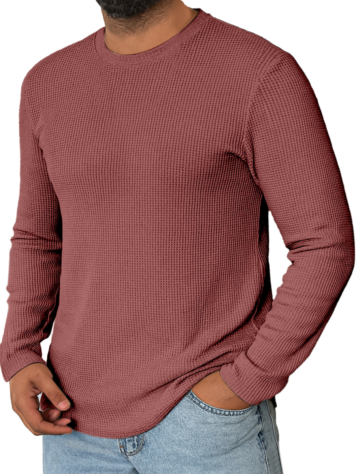 Men's Daily Simple Solid Color Waffle Round Neck Long-sleeved T-shirt