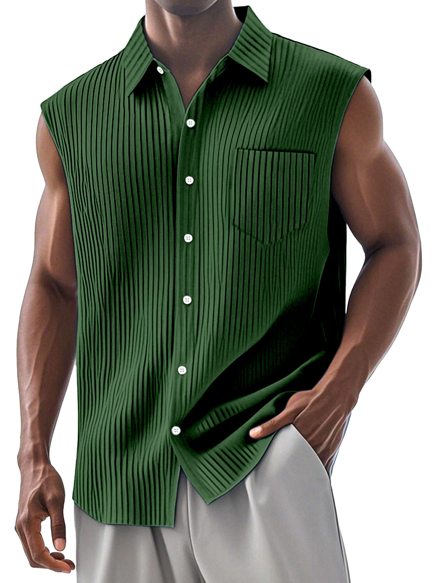 Men's Simple Daily Pit Strip Chest Pocket Lapel Sleeveless Shirt