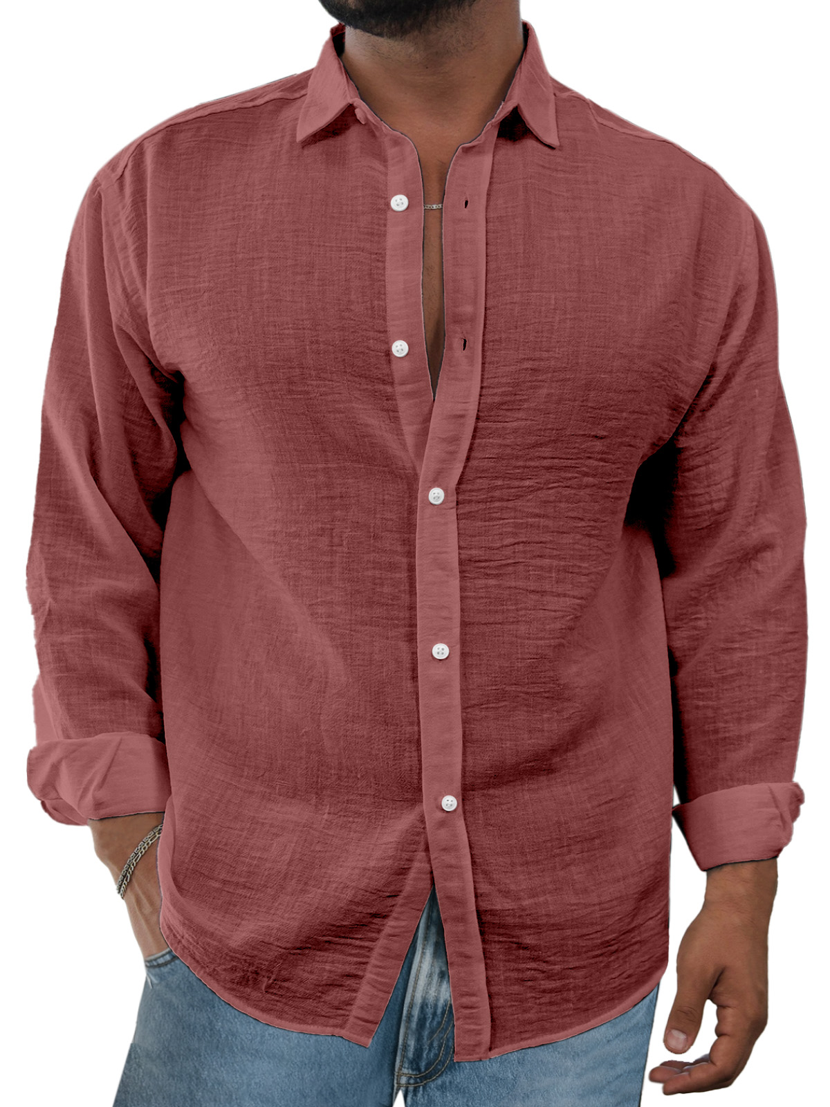 Men's Simple And Comfortable Solid Color Imitation Linen Lapel Long-sleeved Shirt