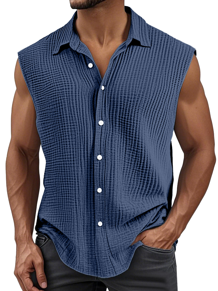 Men's Simple Solid Color Pleated Lapel Sleeveless Shirt