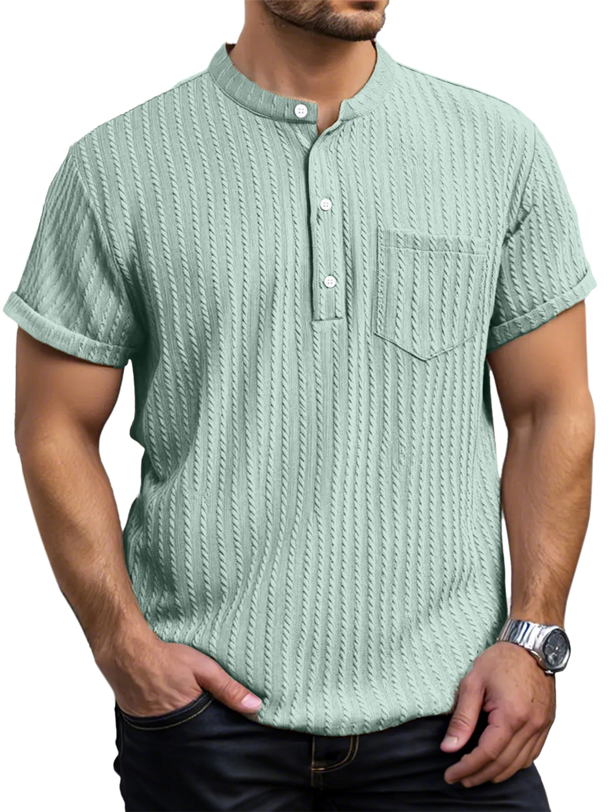 Men's Everyday Casual Short Sleeve Textured Button Henley Shirt
