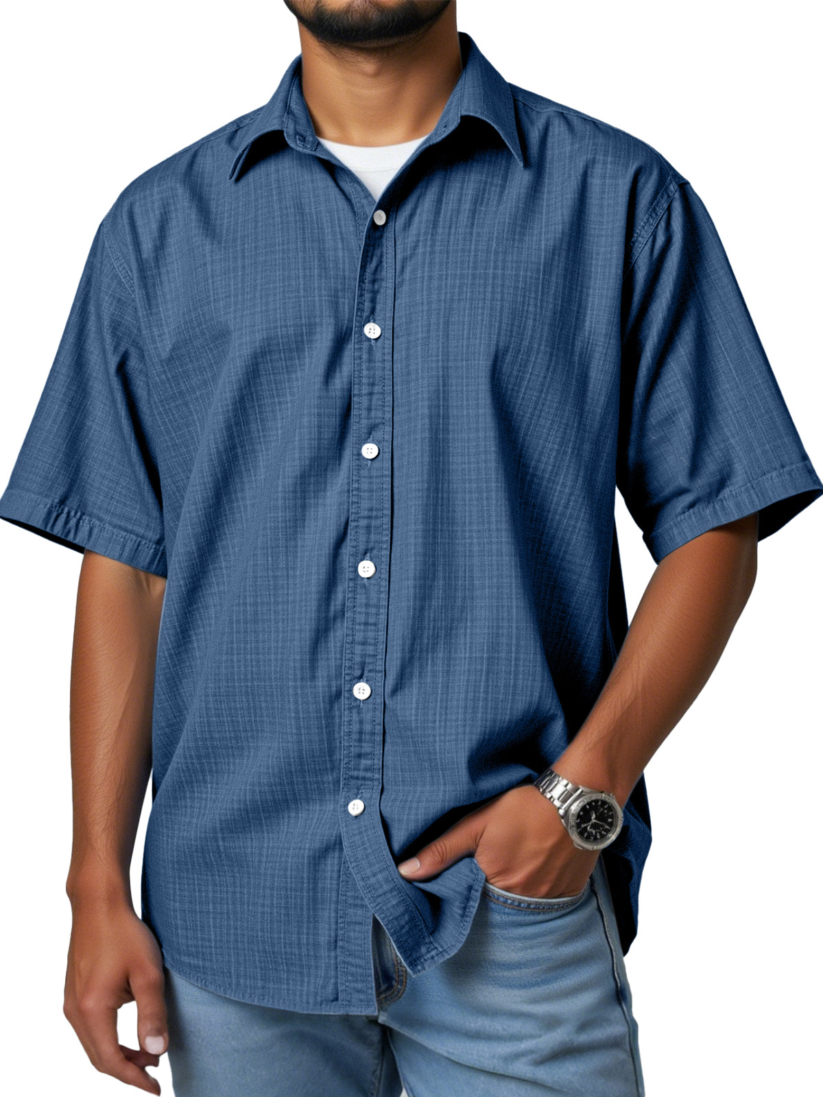 Men's casual and versatile imitation linen short-sleeved lapel shirt