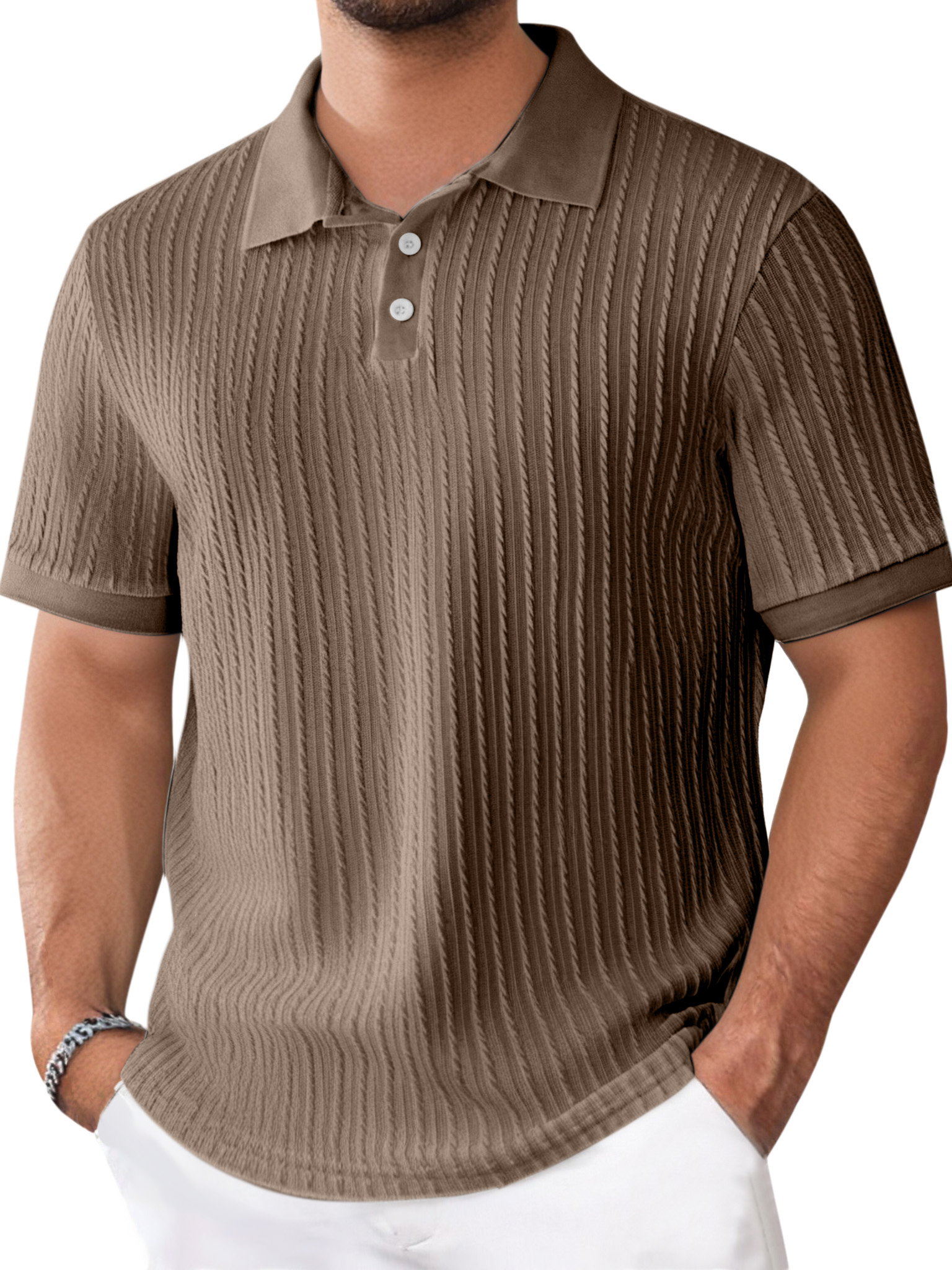 Men's Daily Solid Color Texture Short-sleeved Button-down Polo Shirt