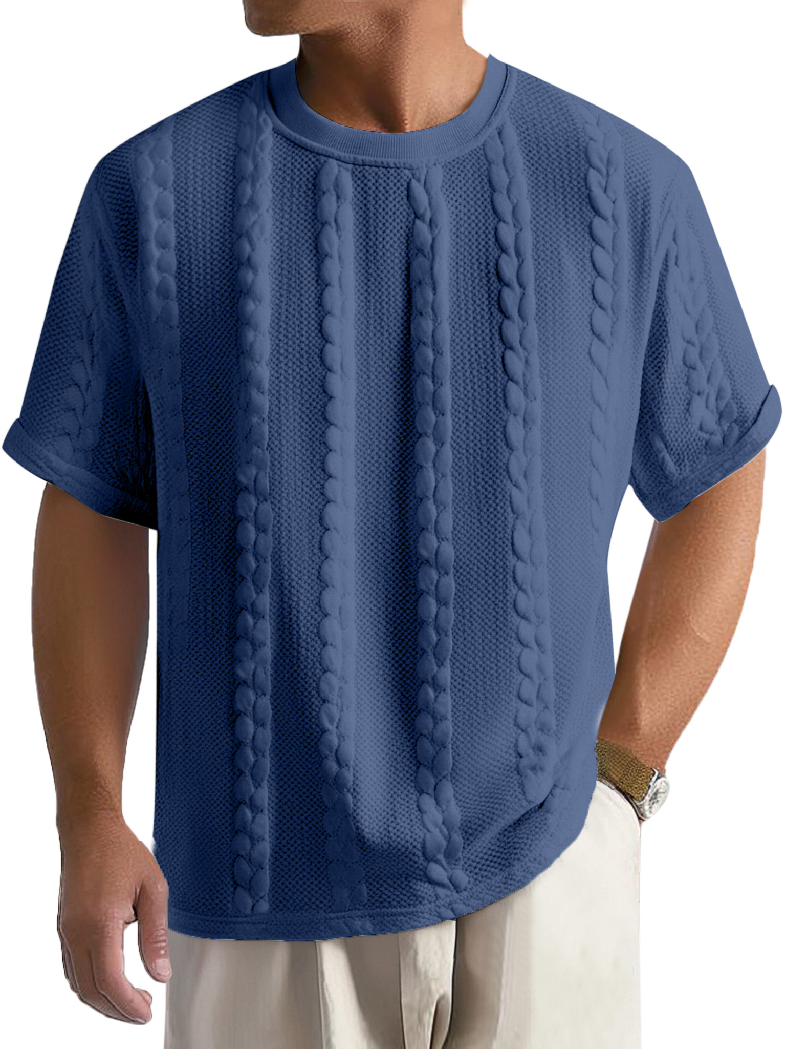 Men's Casual Solid Color Texture Loose Round Neck Short-sleeved T-shirt
