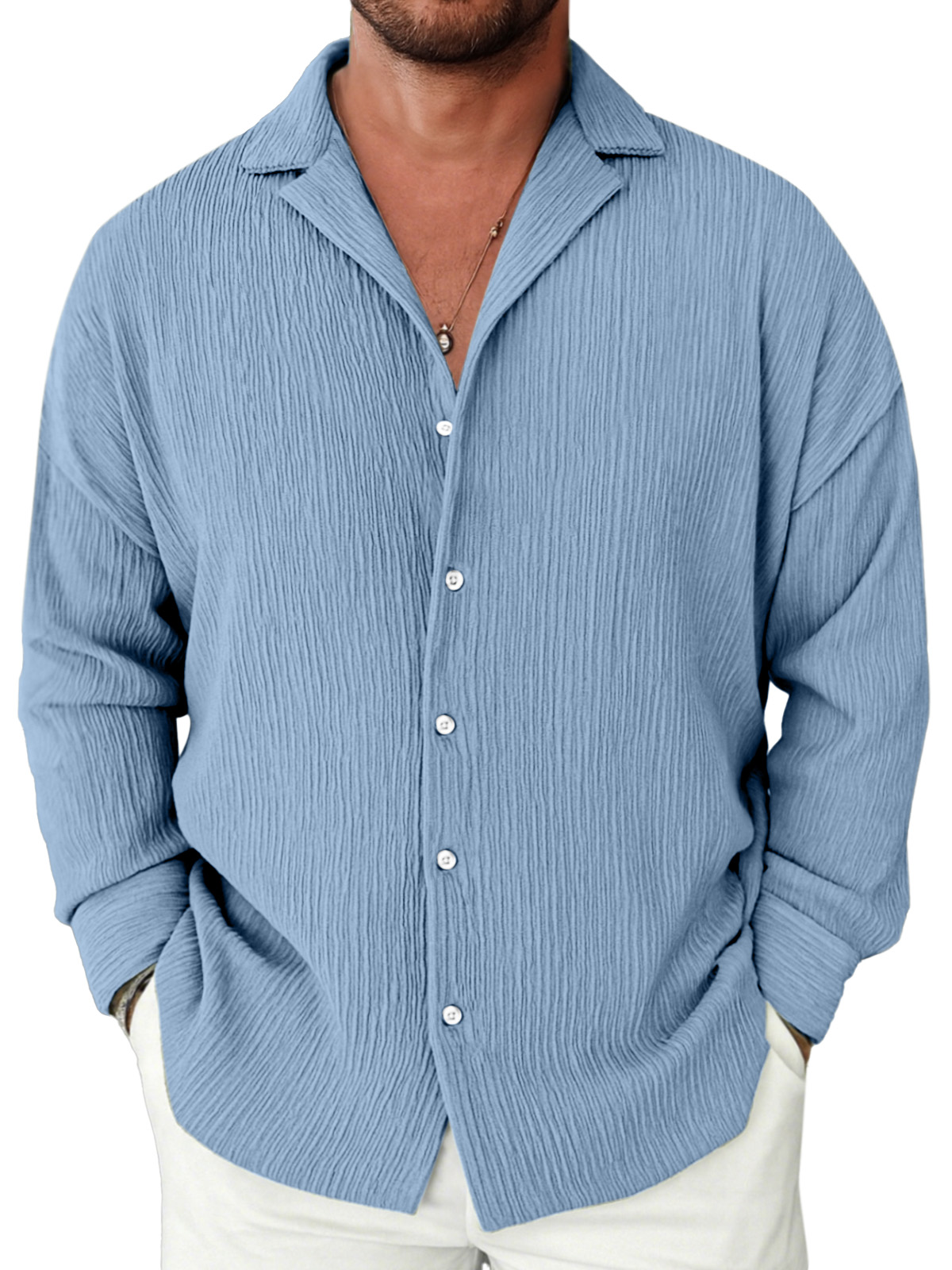 Men's Casual Solid Color Textured Loose Lapel Long-sleeved Shirt