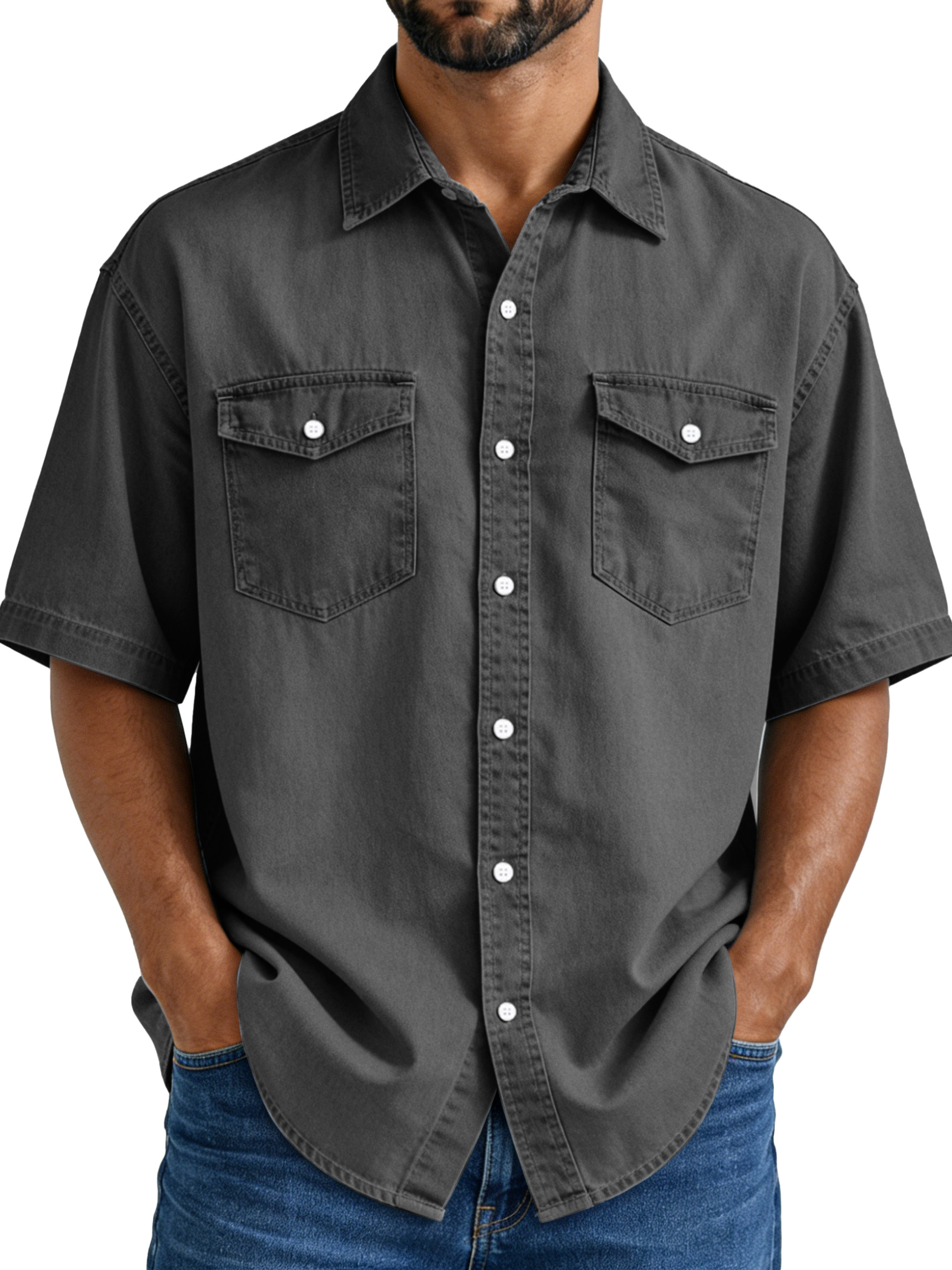 Men's Simple Vintage Double-pocket Lapel Button-down Short-sleeved Shirt