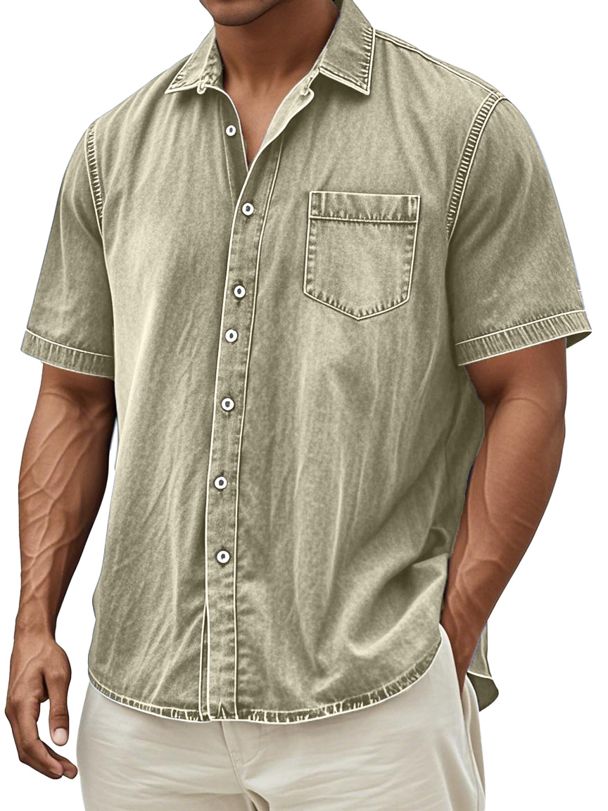 Men's Retro Solid Color Simple Everyday Short Sleeve Button Lapel Shirt