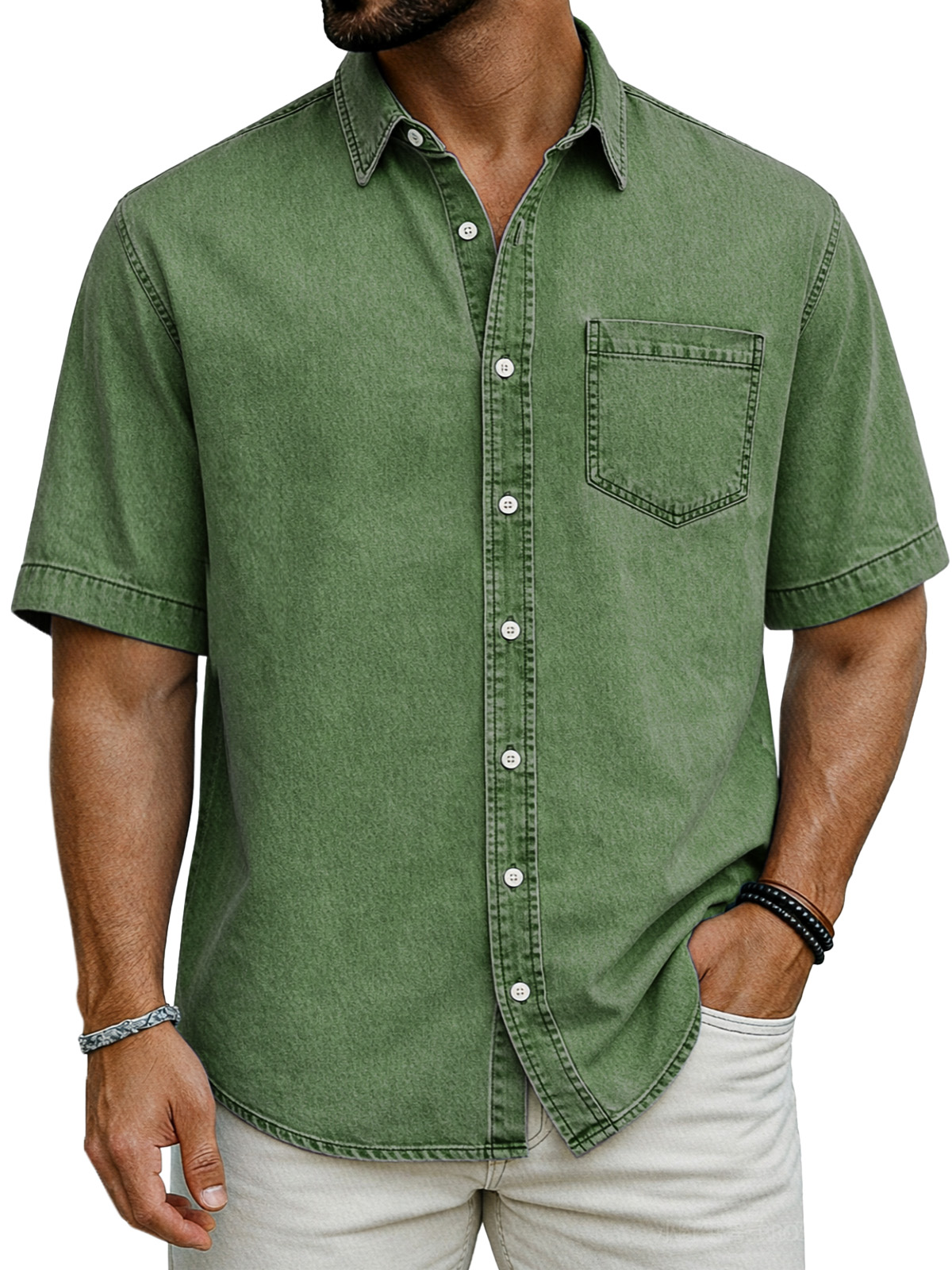 Retro Simple Solid Color Short-Sleeve Shirt with Chest Pocket