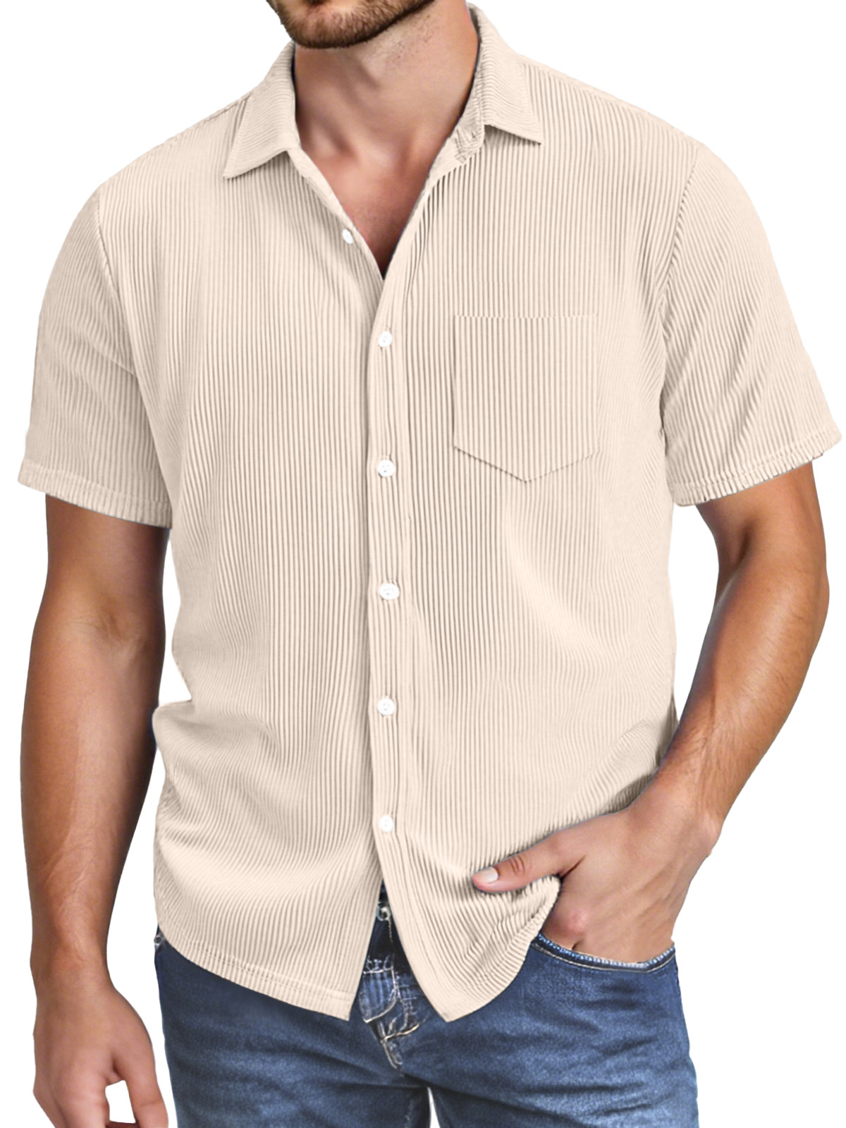 Men's Simple Solid Color Vertical Pit Texture Button Lapel Short-sleeved Shirt