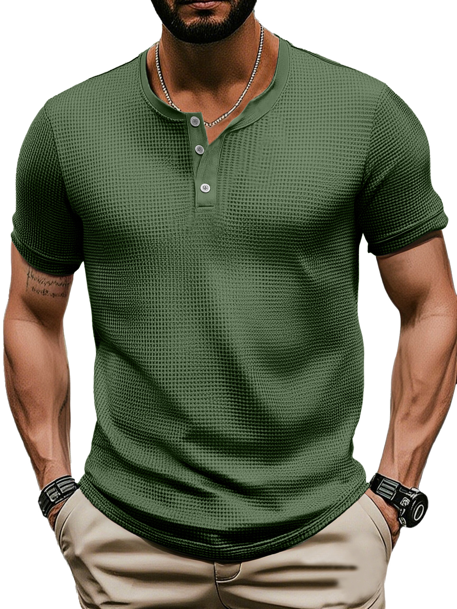 Men's Casual Solid Color Waffle Short Sleeve Three Button Henley Shirt