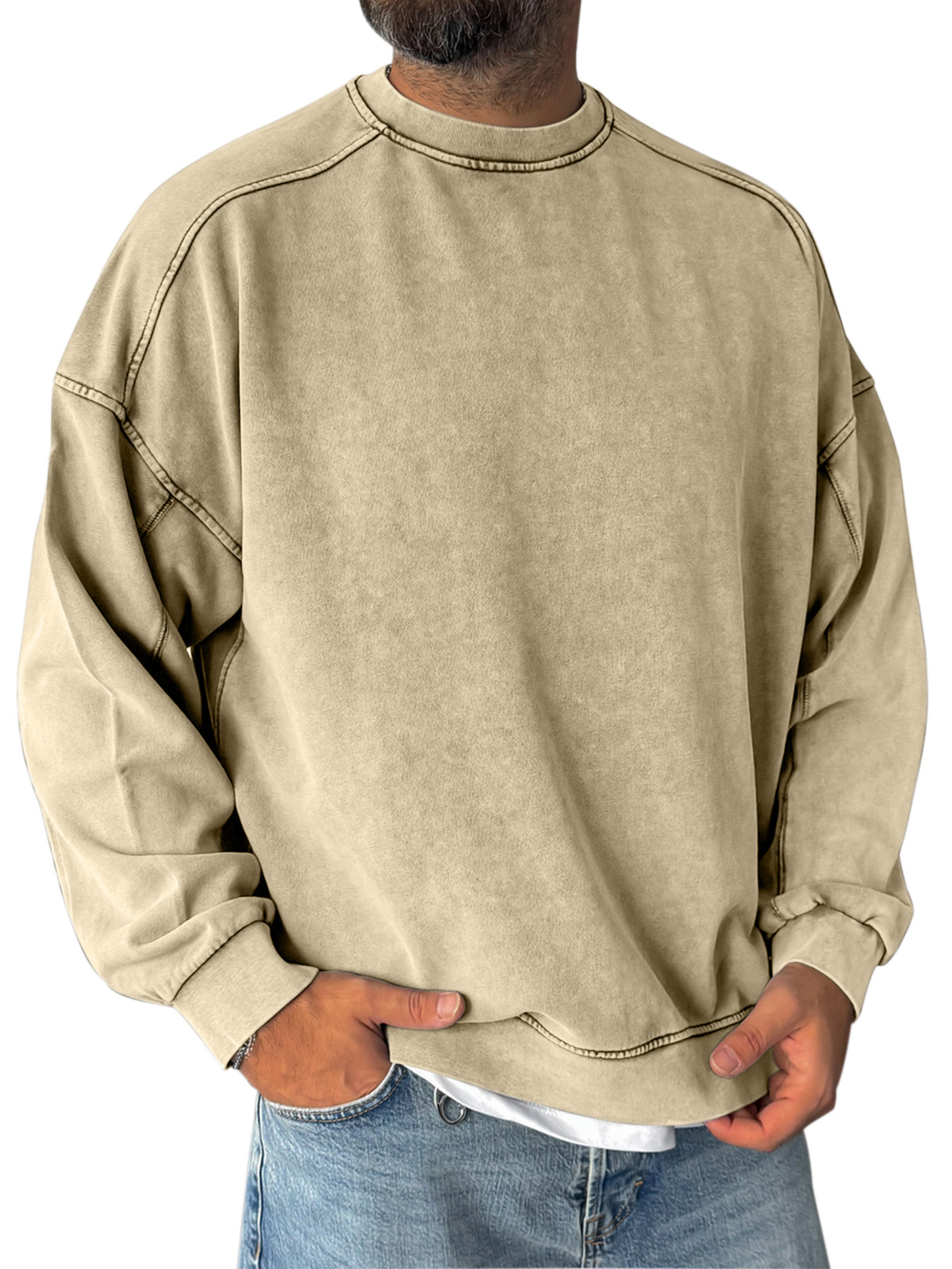 Retro Simple Shoulder Design Stitching Casual Round Neck Sweatshirt