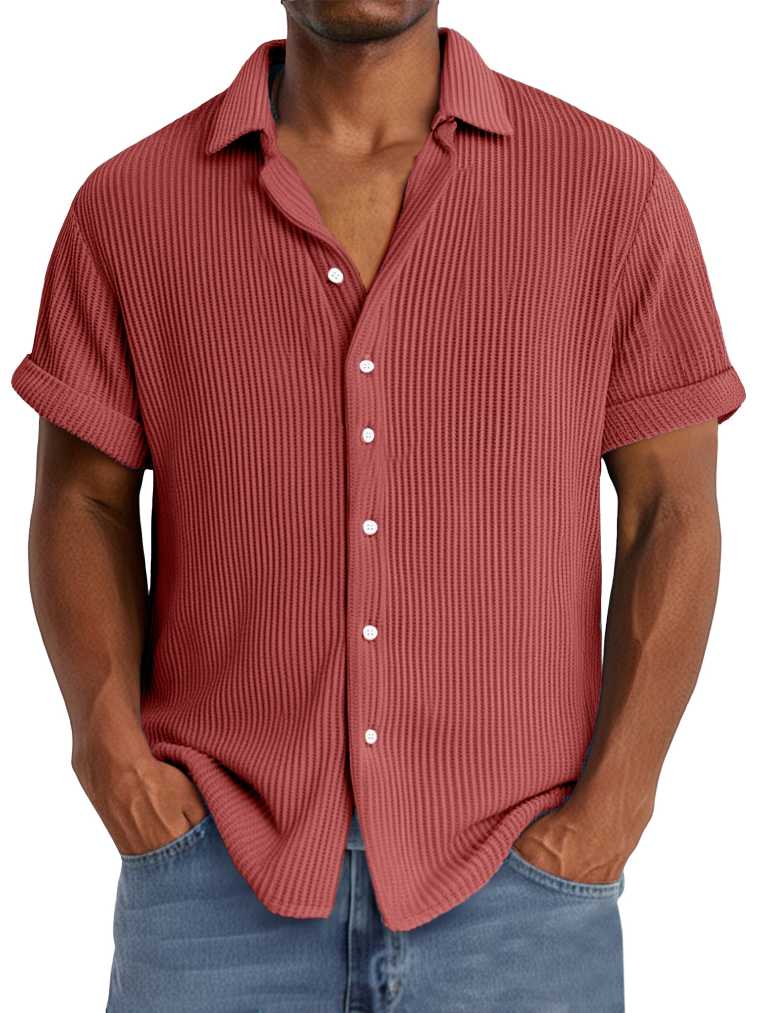 Men's summer casual simple waffle texture short-sleeved shirt