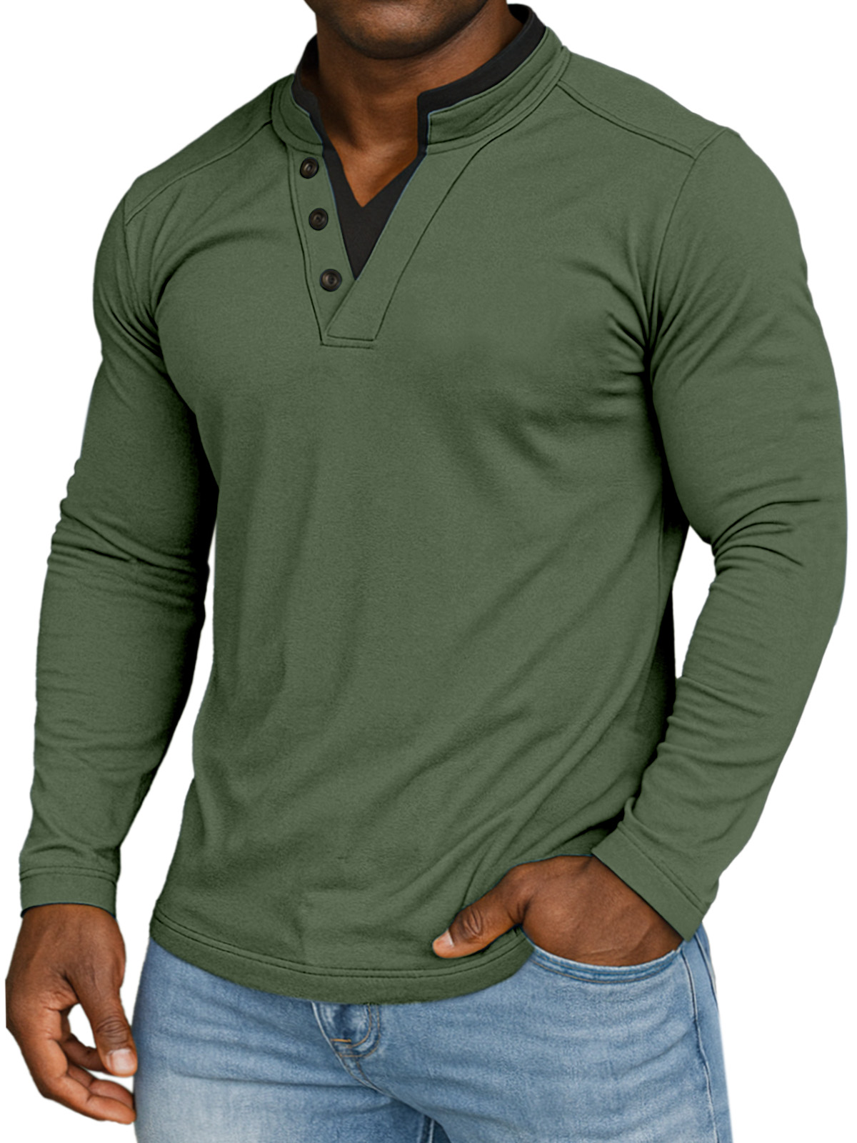 Men's Casual Solid Color Fake Two-piece Collar Comfortable Stand Collar Long Sleeve T-shirt