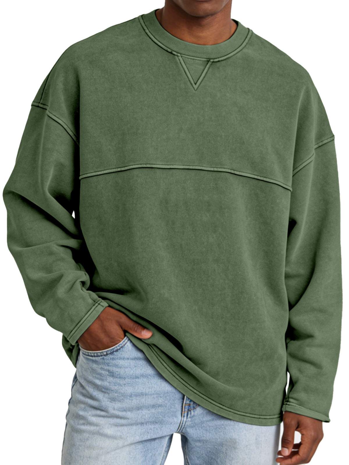 Basic Casual Inverted Triangle Panel Design Crew Neck Long-sleeved Sweatshirt