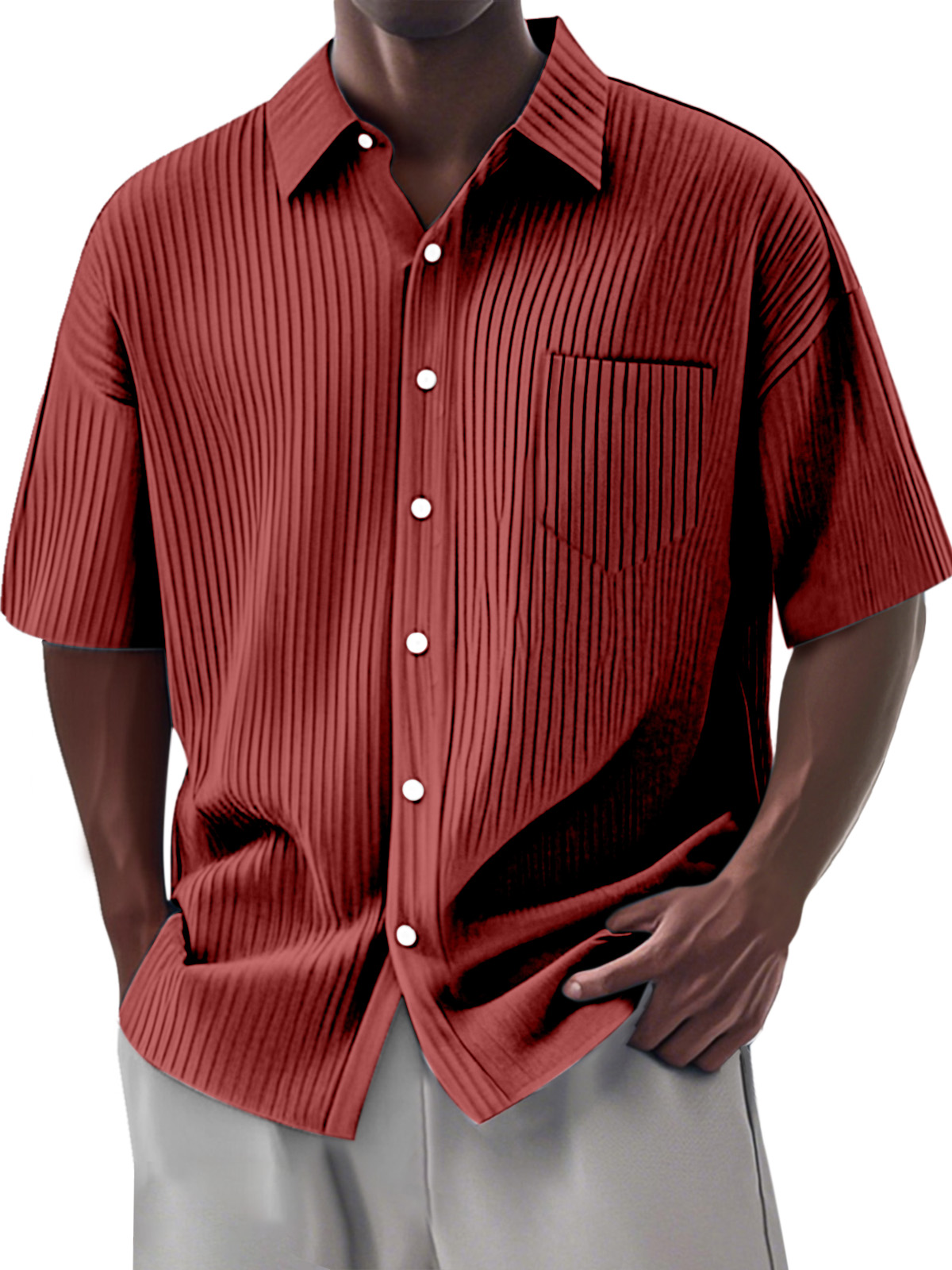 Men's Simple Daily Solid Color Vertical Pit Lapel Short-sleeved Shirt
