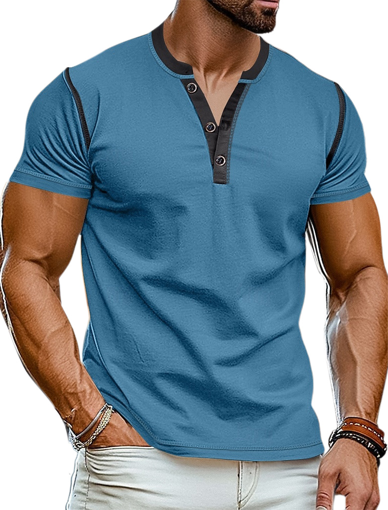 Men's Everyday Simple And Comfortable Cotton Contrast Button Short-sleeved Henley Shirt