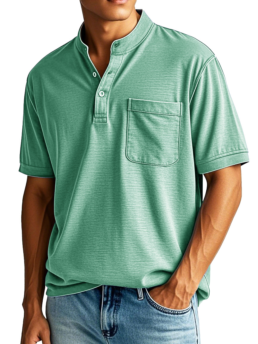 Men's Fashion Casual Stand-up Collar Pocket Short-sleeved Henley Shirt