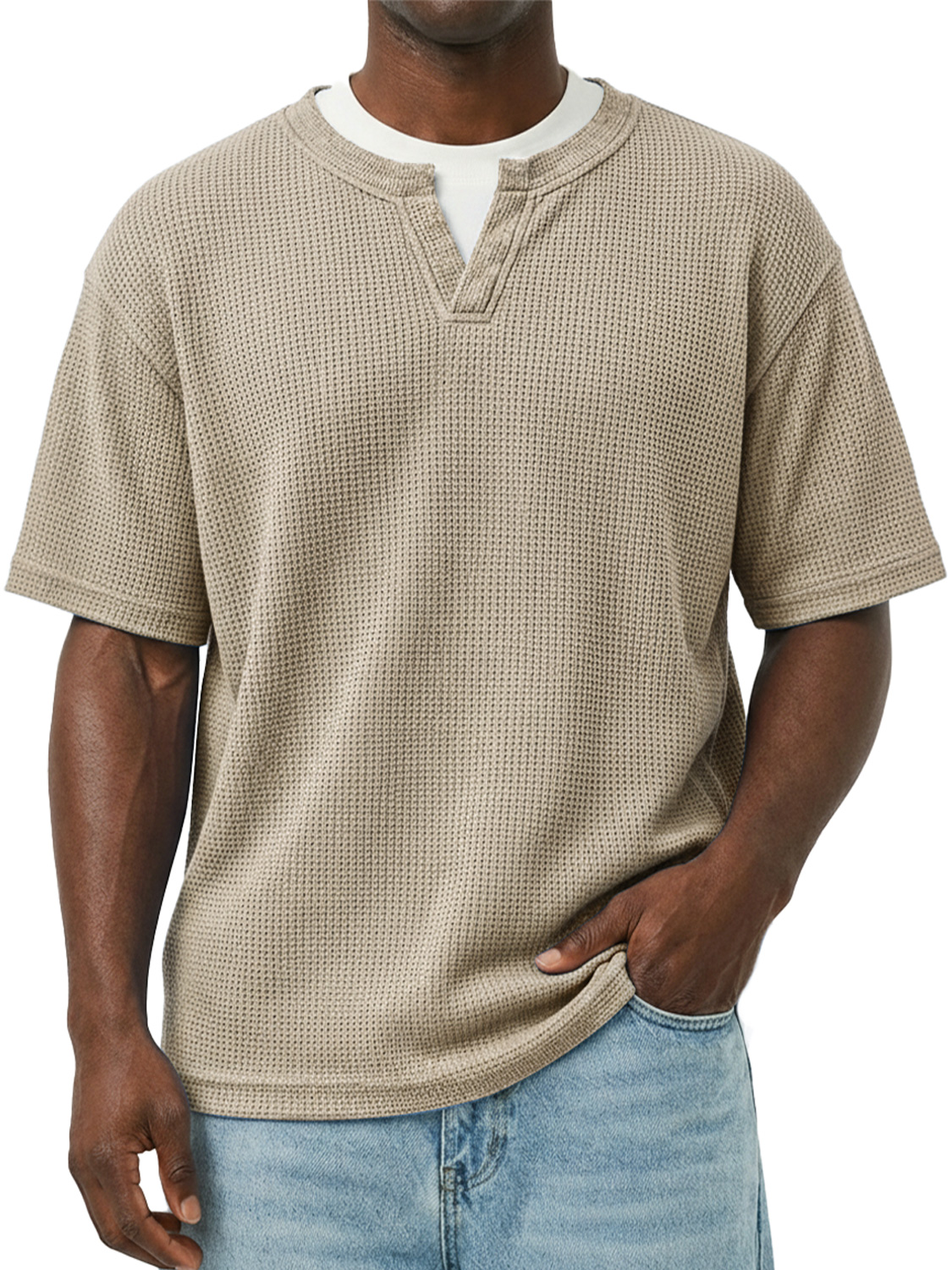 Men's Waffle-knit Double-layered Collar Faux Two-piece Casual Long-sleeved T-shirt
