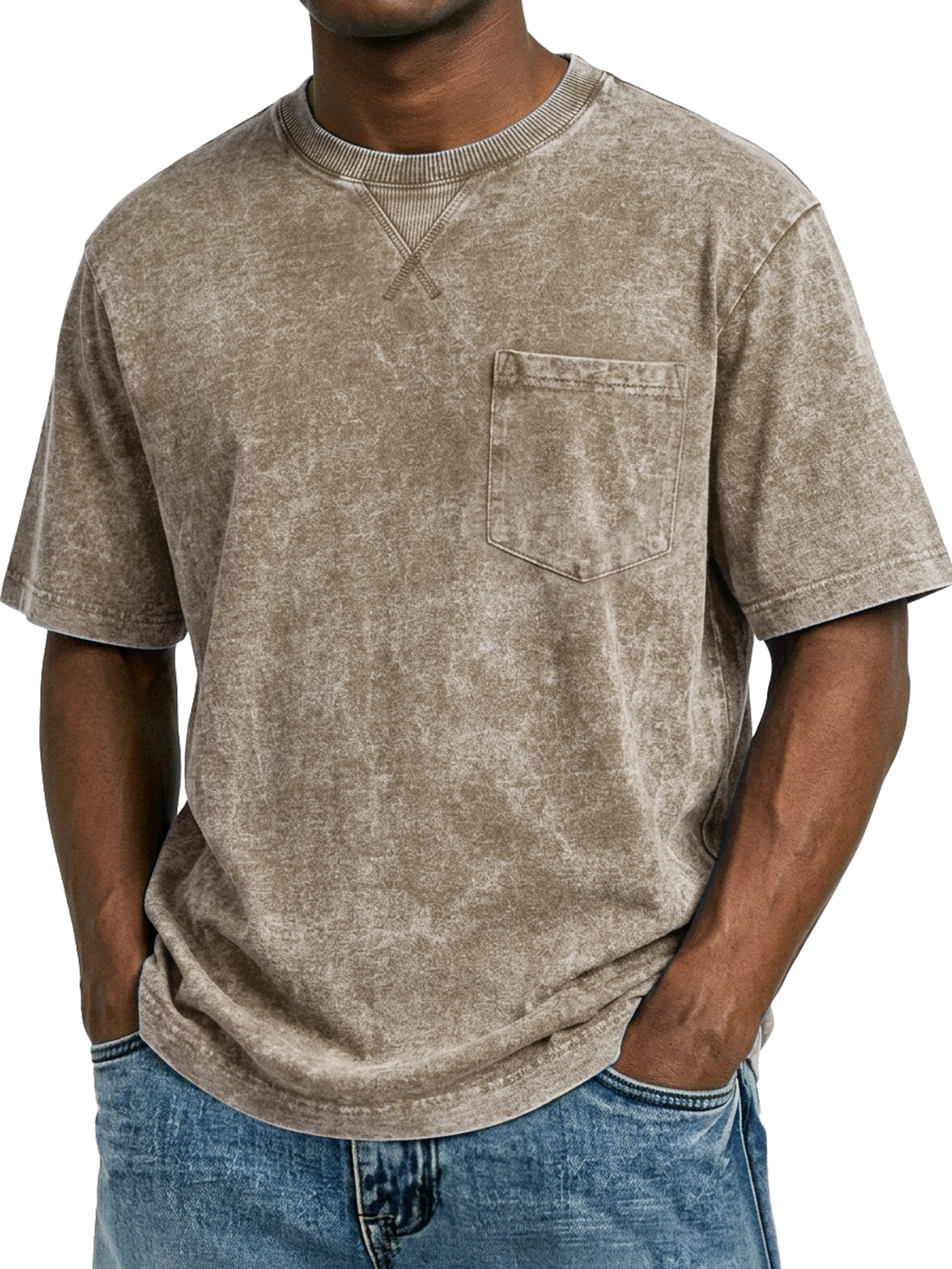 Men's Retro Cross-Strip Design Casual Crew Neck Pocket Short-Sleeve T-Shirt