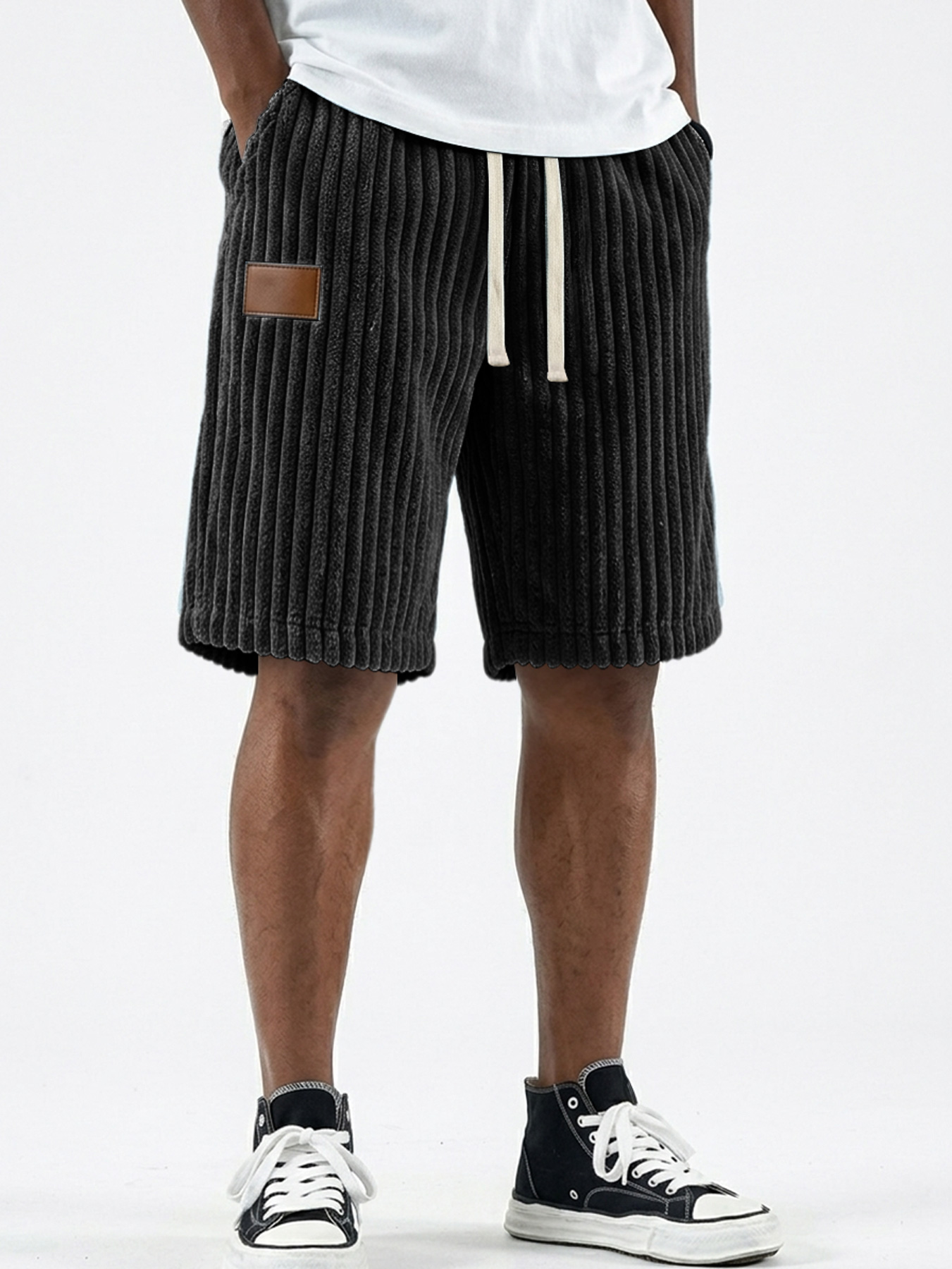 Men's Retro Corduroy Leather Label Casual Loose Shorts
