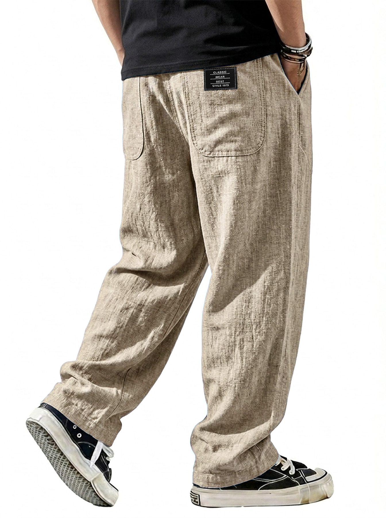 Men's Breathable Cotton-Linen Casual Trousers with Embroidered Logo