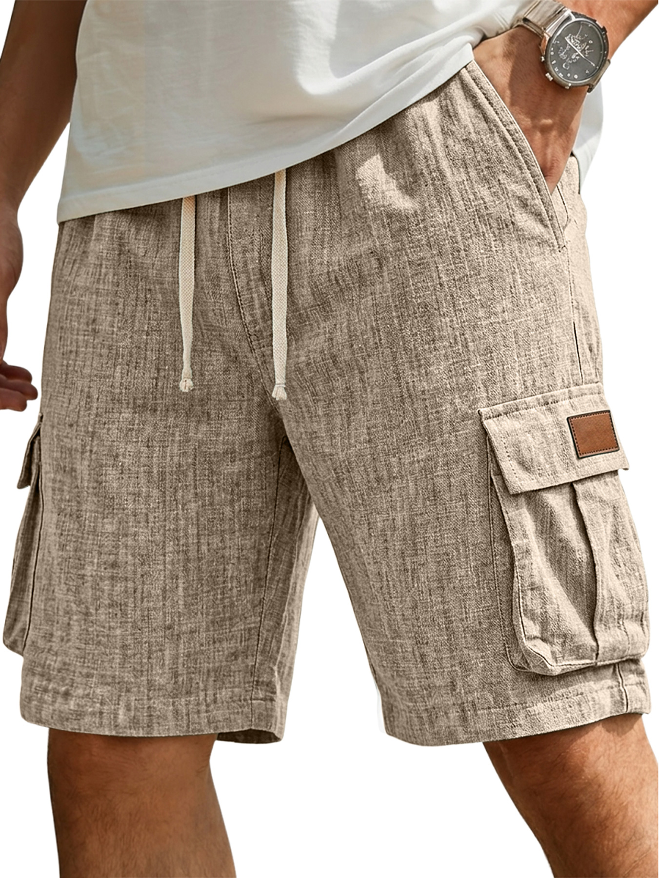 Men's Casual Linen Multi-Pocket Embroidered Logo Cargo Shorts