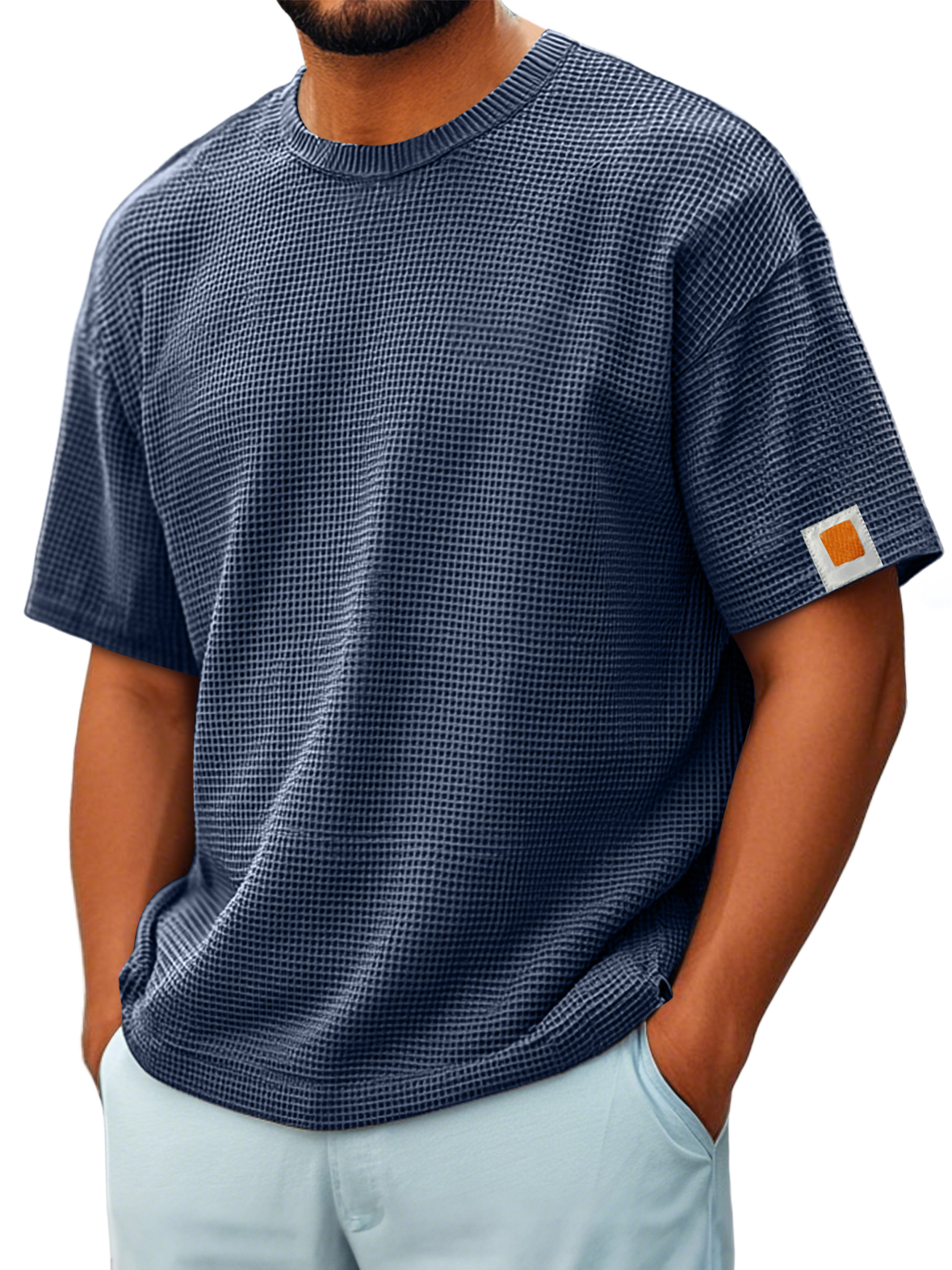 Men's Vintage Crew Neck Waffle Embroidered Logo Comfort Short Sleeve T-Shirt