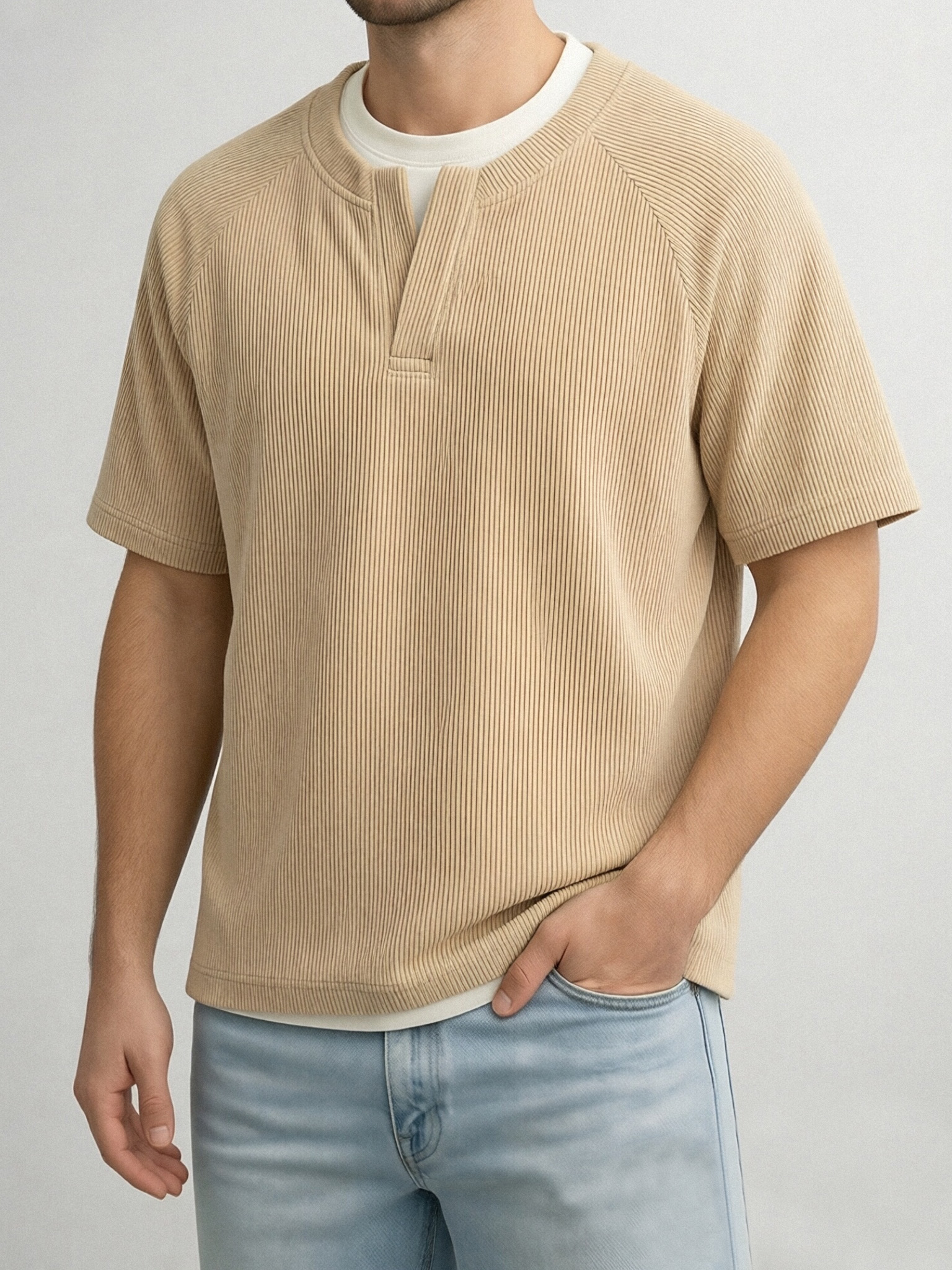 Men's Solid Color Fake Two-piece Vertical Pit V-neck Short-sleeved T-shirt