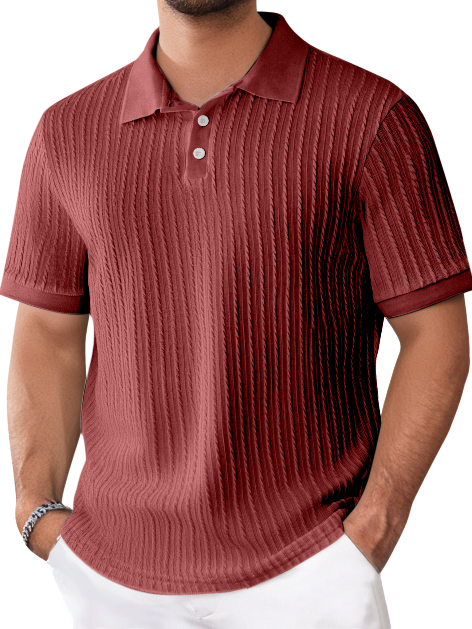 Men's Daily Solid Color Texture Short-sleeved Button-down Polo Shirt