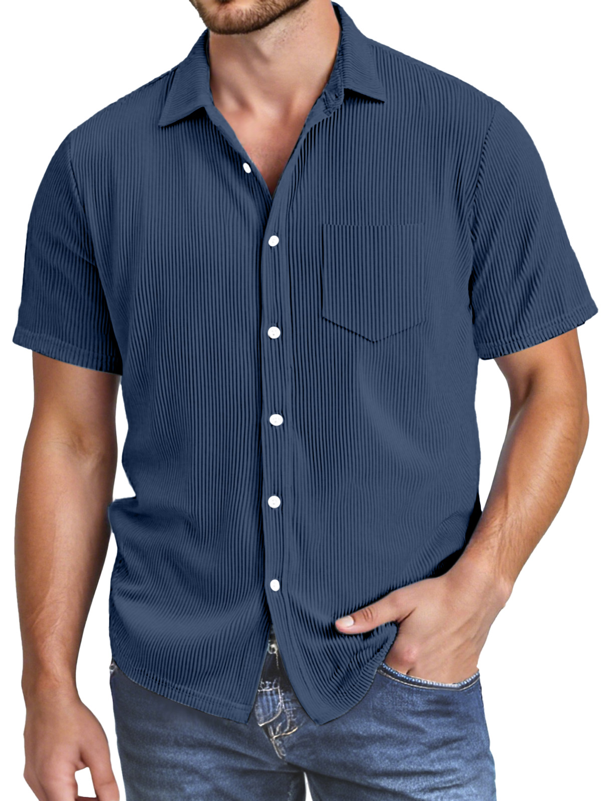 Men's Simple Solid Color Vertical Pit Texture Button Lapel Short-sleeved Shirt