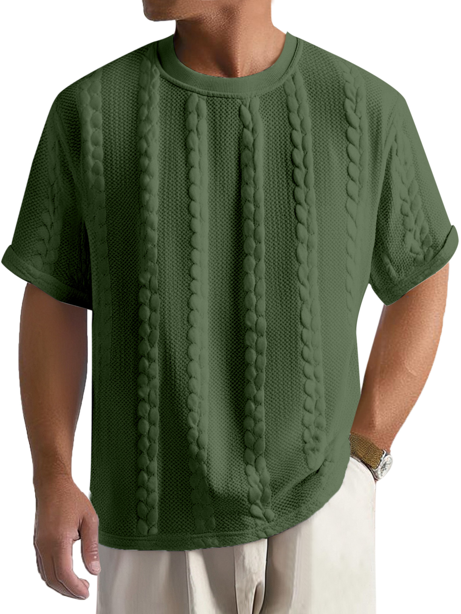 Men's Casual Solid Color Texture Loose Round Neck Short-sleeved T-shirt