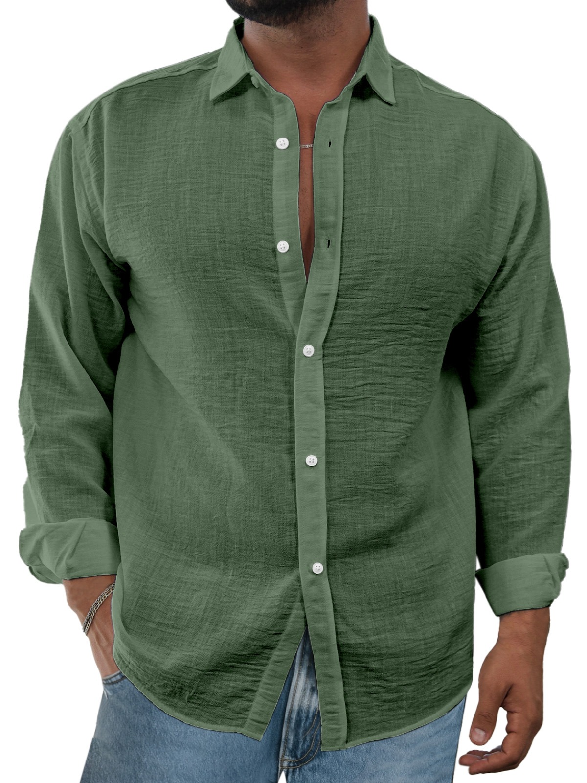Men's Simple And Comfortable Solid Color Imitation Linen Lapel Long-sleeved Shirt