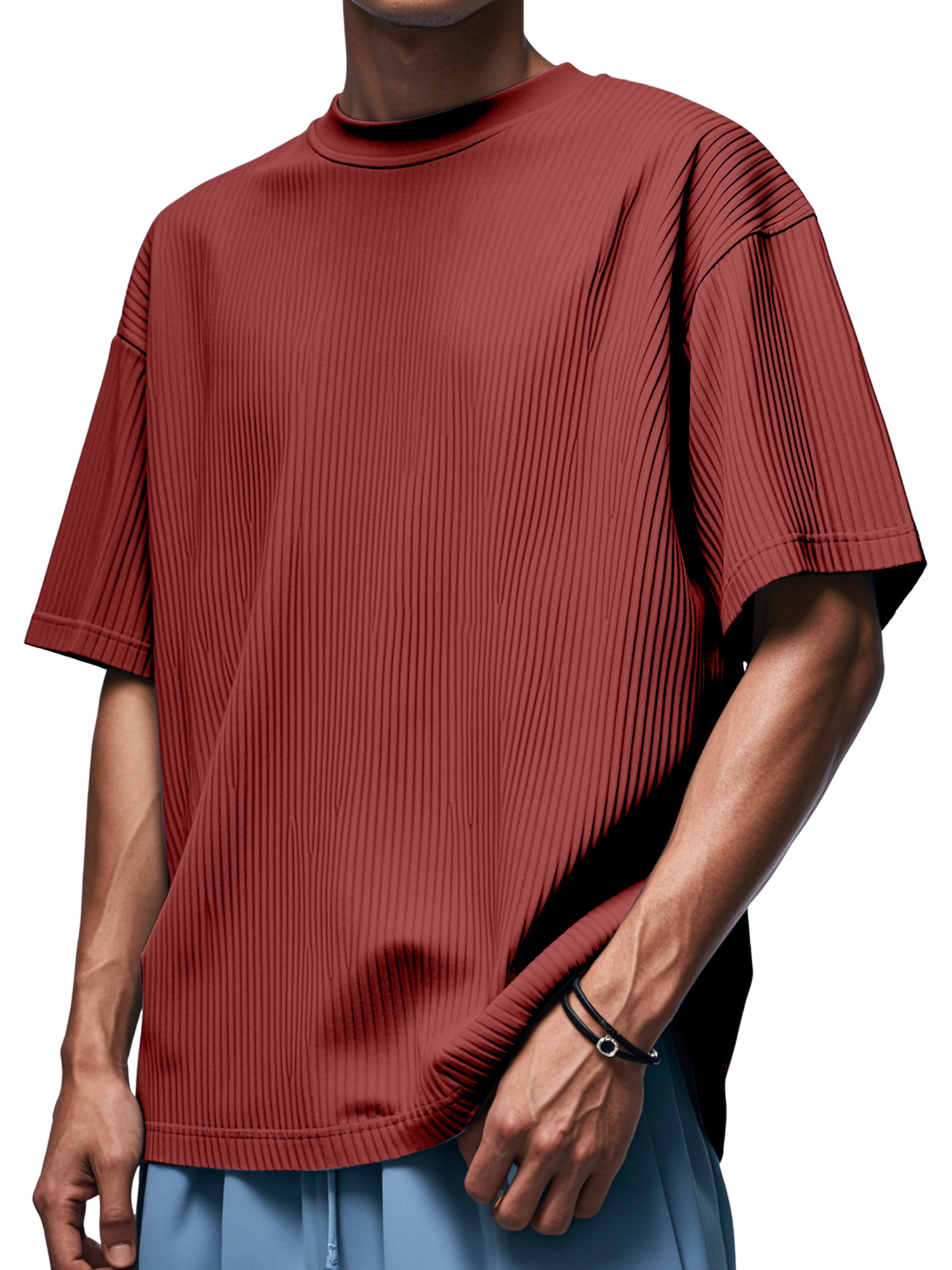 Men's Daily Solid Color Vertical Pit Round Neck Short-sleeved T-shirt