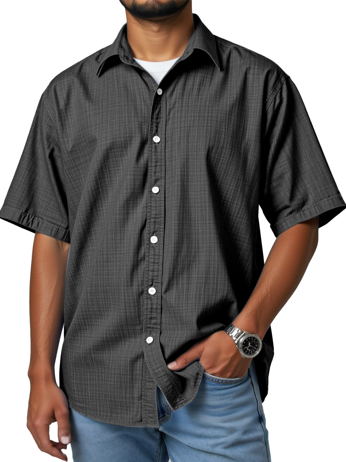 Men's casual and versatile imitation linen short-sleeved lapel shirt