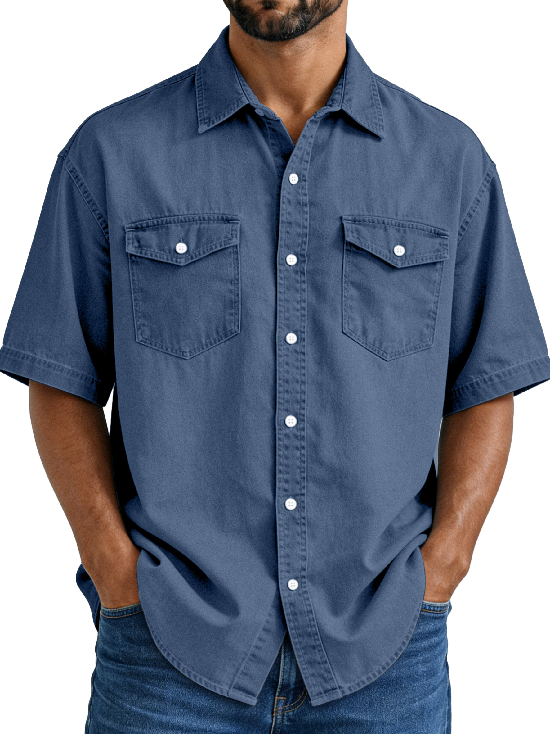 Men's Simple Vintage Double-pocket Lapel Button-down Short-sleeved Shirt